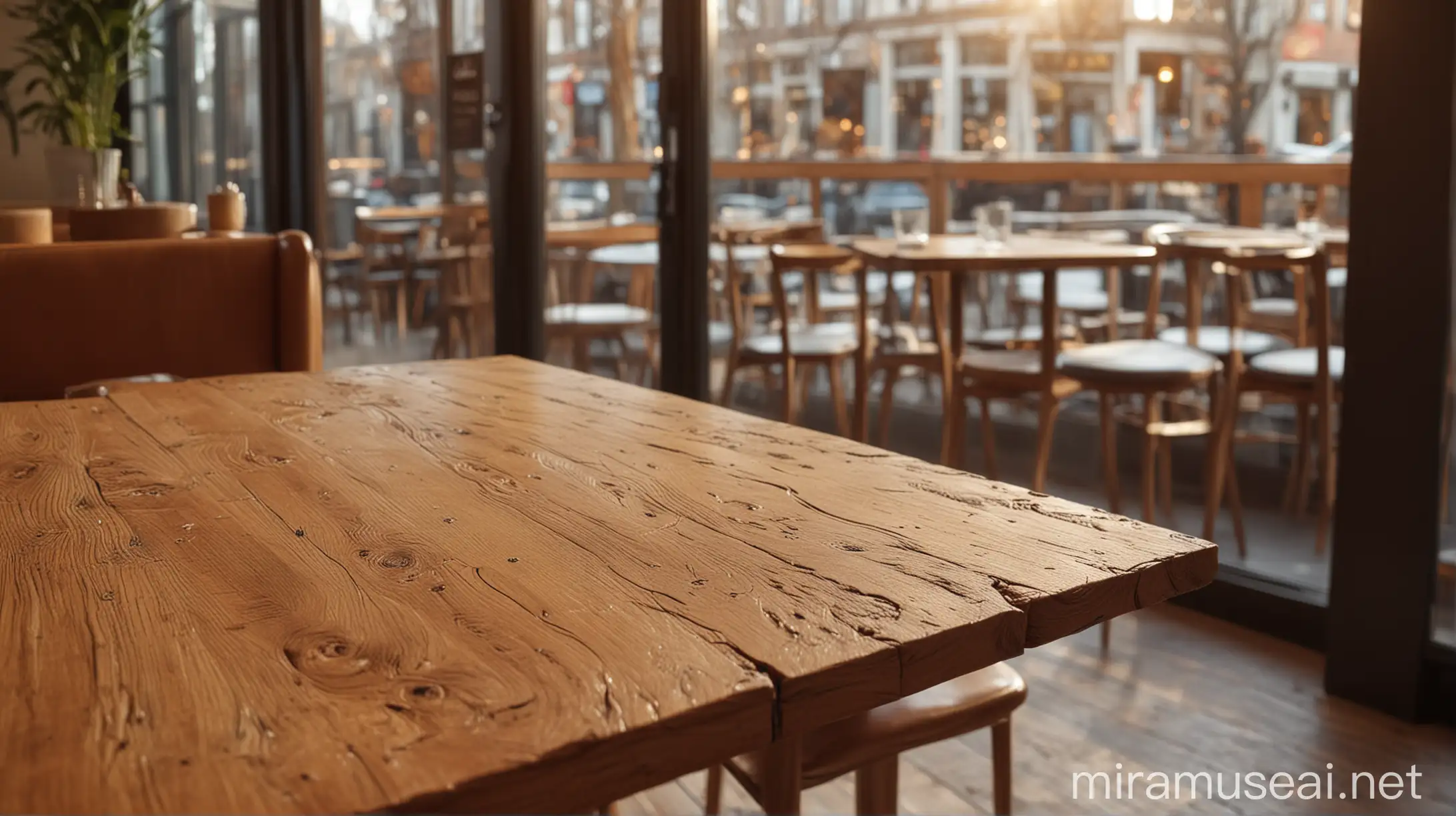 A close-up shot of a wooden table in a modern cafe interior, highlighting the textured wood grain and the warm, inviting light that streams through the window. The camera angle is low, creating a sense of intimacy and inviting the viewer to imagine themselves sitting at the table.