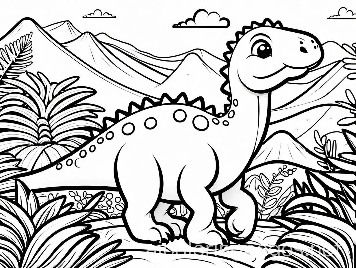 cute dinosaur with plants in background, Coloring Page, black and white, line art, white background, Simplicity, Ample White Space. The background of the coloring page is plain white to make it easy for young children to color within the lines. The outlines of all the subjects are easy to distinguish, making it simple for kids to color without too much difficulty