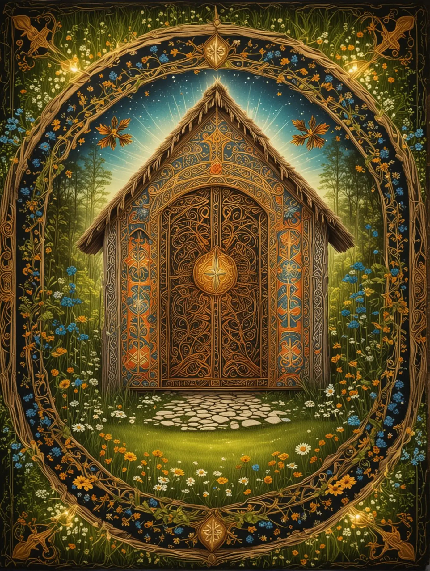 Slavic-Style-Tarot-Card-with-Symmetrical-Hut-on-Glowing-Lawn-and-Ornament