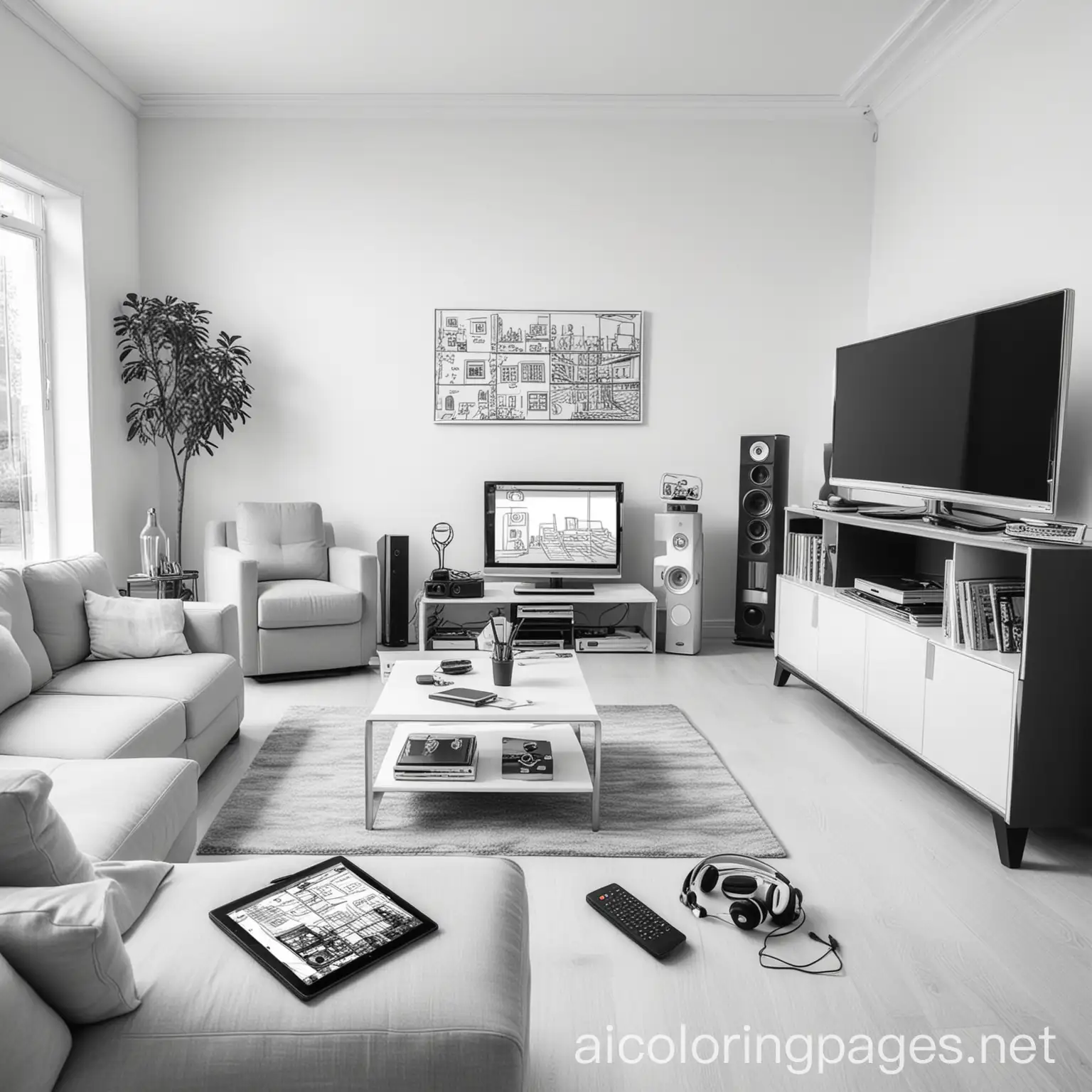 A picture of a living room with a family and these gadgets inside: tv screen, headphones, pendrive, calculator, satnav, tablet, laptop, mp3 player, videogames console, Coloring Page, black and white, line art, white background, Simplicity, Ample White Space. The background of the coloring page is plain white to make it easy for young children to color within the lines. The outlines of all the subjects are easy to distinguish, making it simple for kids to color without too much difficulty