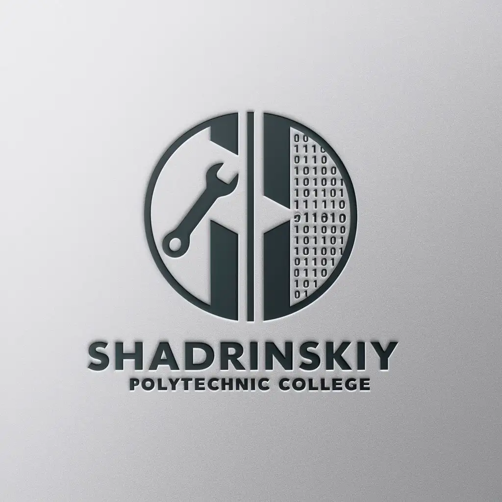 a logo design,with the text "GBPOU Shadrinskiy polytechnic college", main symbol:Create a circle emblem with white background. Split the circle in half vertically. In the left half of the circle, depict a wrench, and in the right half, depict binary code. The wrench and the binary code should occupy the entire area of their respective halves of the circle.,Moderate,be used in Education industry,clear background