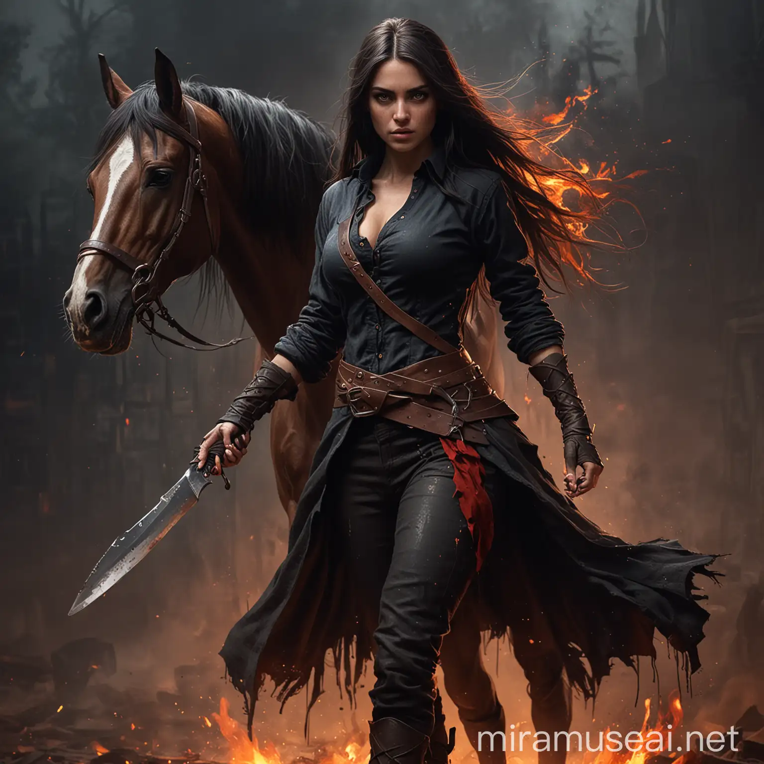 Create a full length character of a fiery knife throwing girl, with long dark hair, dark eyes, stable hand clothes with a horse