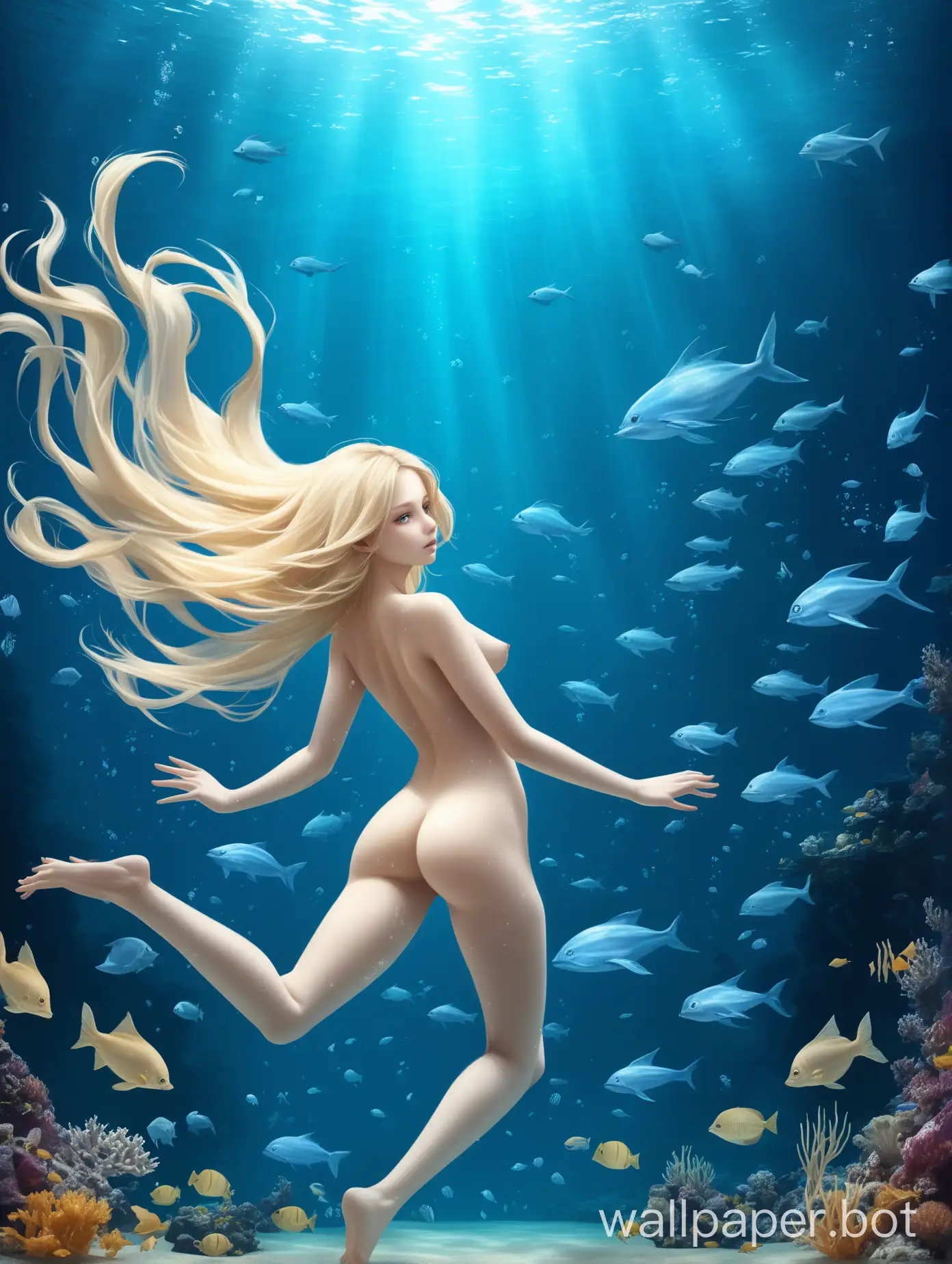 beautiful naked blonde girl in beautiful underwater world