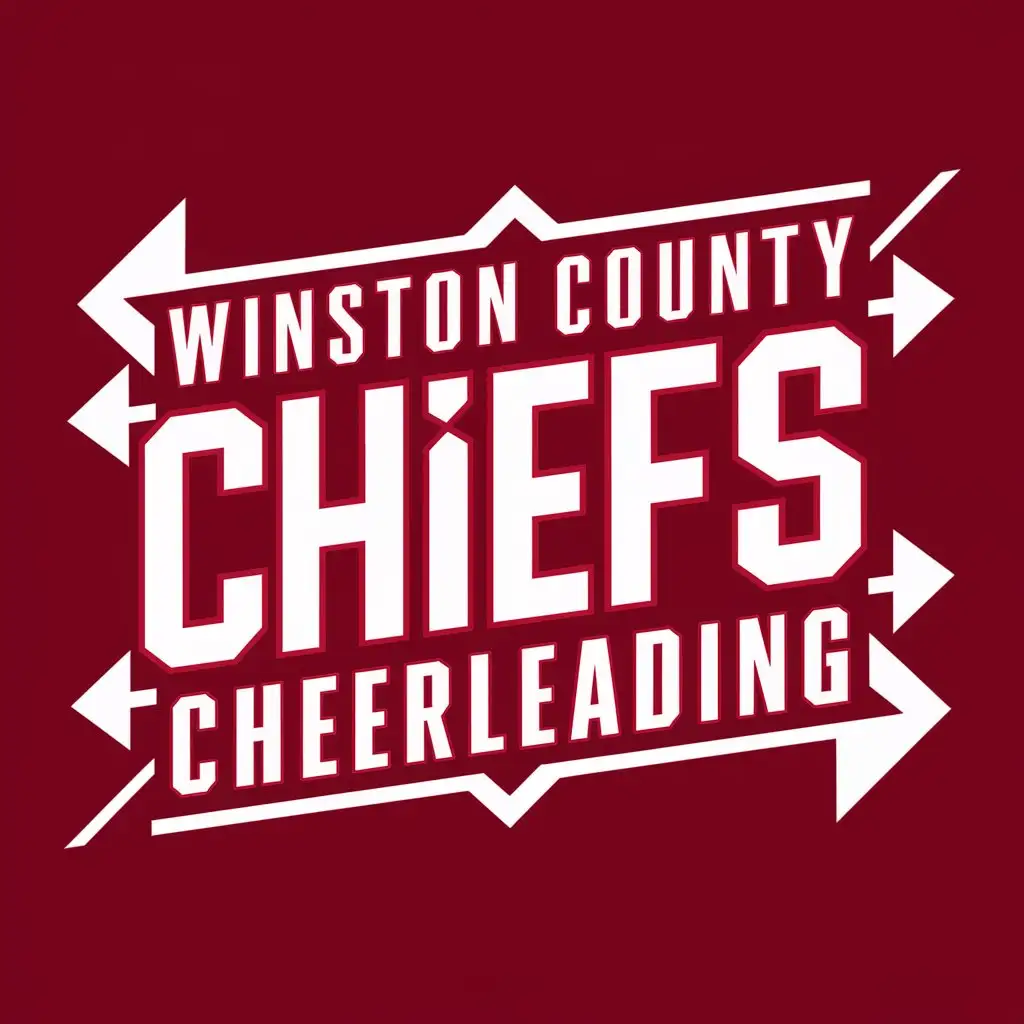 text "Winston County Chiefs Cheerleading", isolated on a cherry color background, the text is prominent, angular, commanding, with stark arrows and prominent borders and angular highlights, impactful font, commanding font style, border text effect, prominent font weight, bright white text color, prominent, angular, angular emphasis, prominent messaging, commanding style