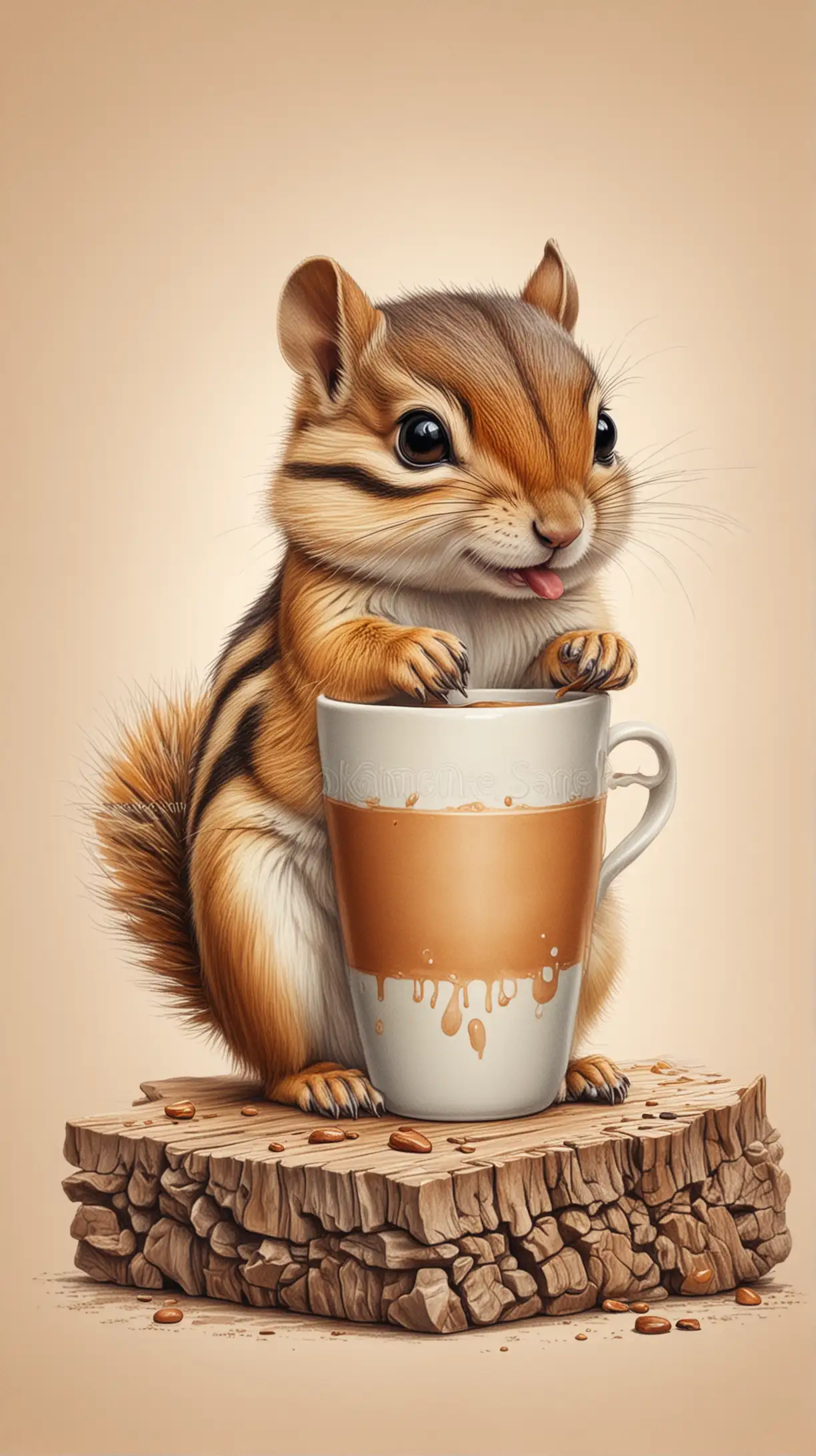 Intricate details, image of a small cute little chipmunk drinking a coffee, in pastel drawing style, on a blank background