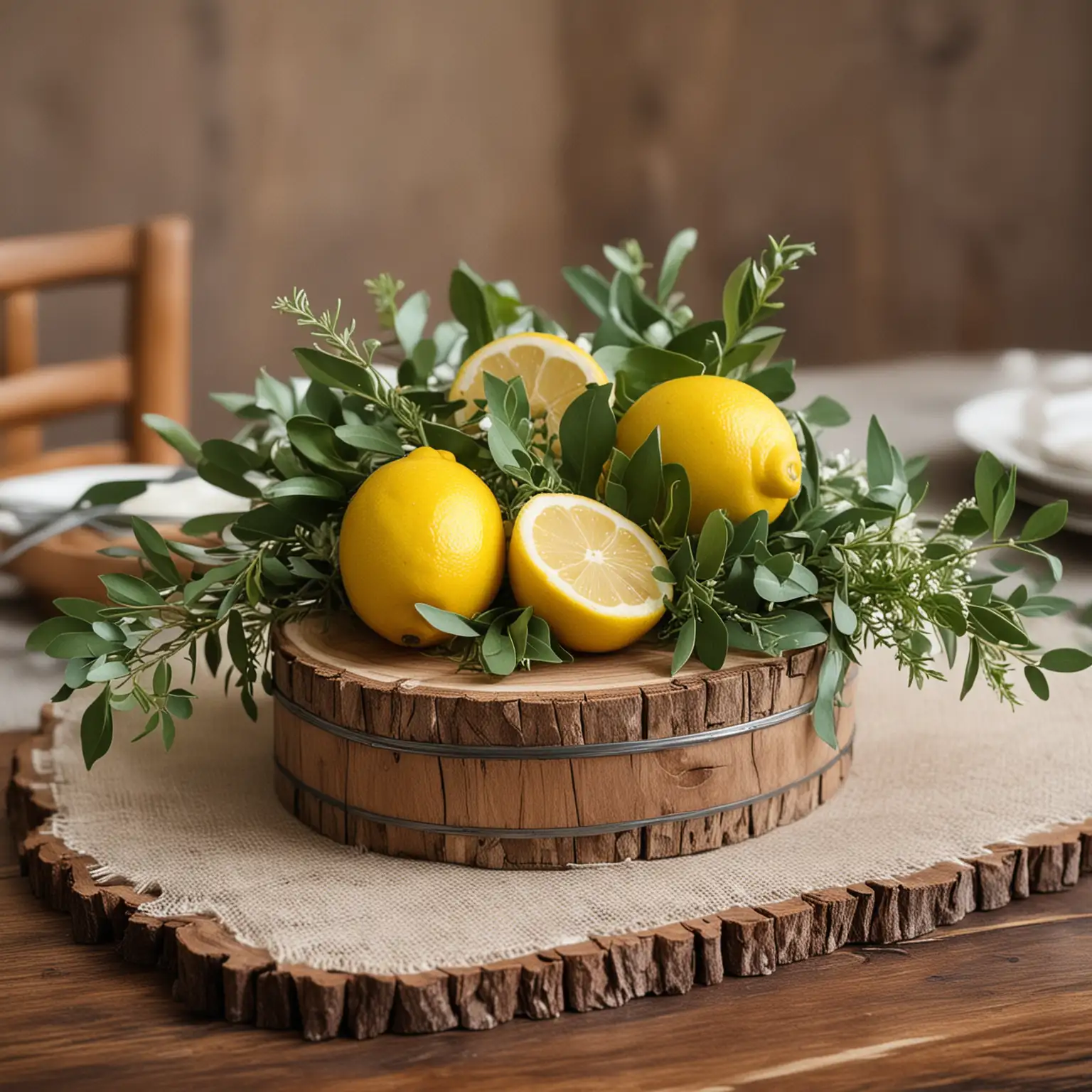 simple rustic wedding centerpiece with a wood slice holding lemons and a yellow tin can that is filled with greenery ; keep background neutral