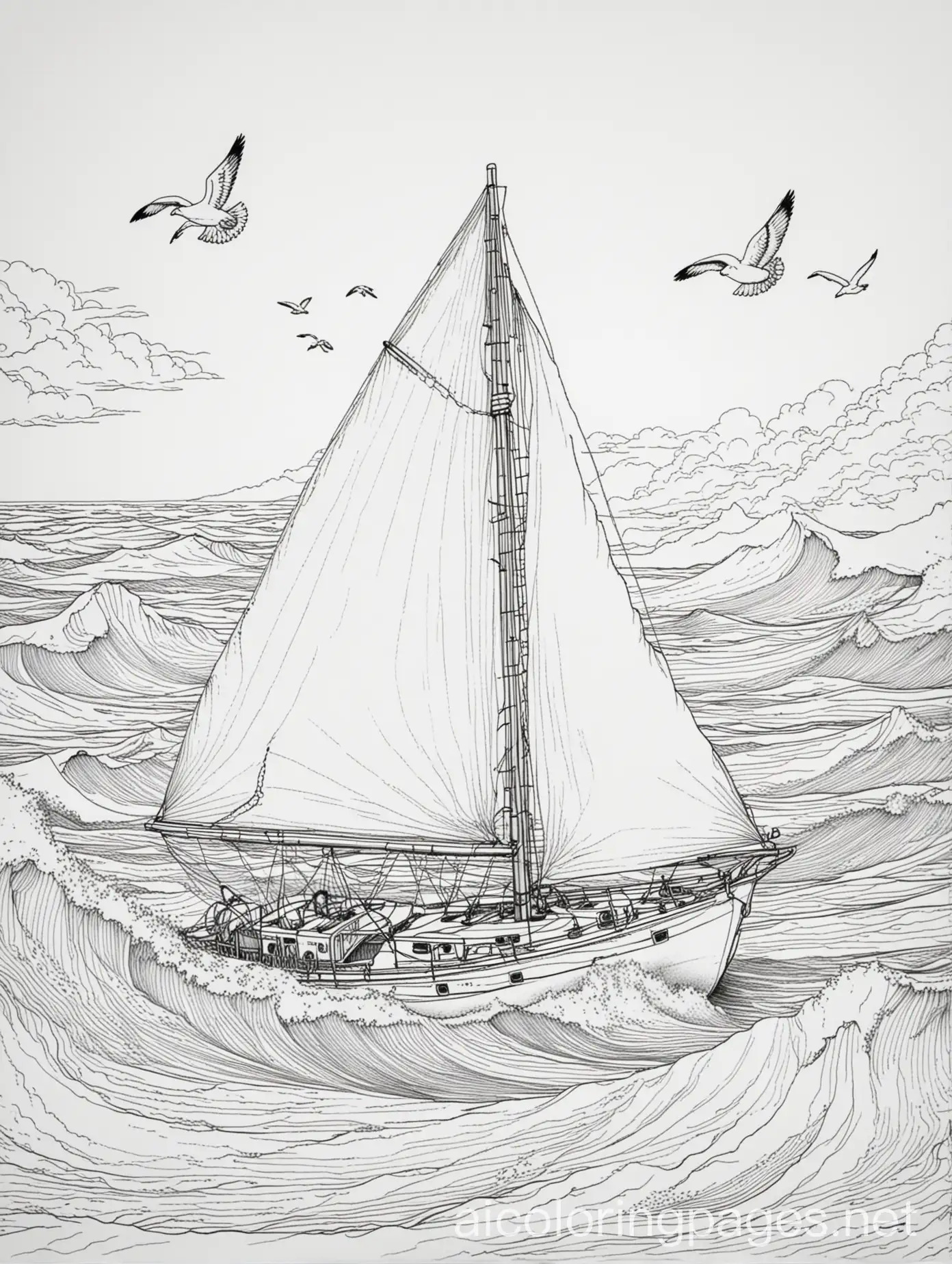 Sailing on the Ocean Coloring Page: Coloring Page, black and white, with waves, white background, some patters. The background of the coloring page is  with some details to make it easy for children 12 years old  to color within the lines. The outlines of a sailboat with waving sea and seagulls overhead too. , Coloring Page, black and white, line art, white background, Simplicity, Ample White Space. The background of the coloring page is plain white to make it easy for young children to color within the lines. The outlines of all the subjects are easy to distinguish, making it simple for kids to color without too much difficulty
