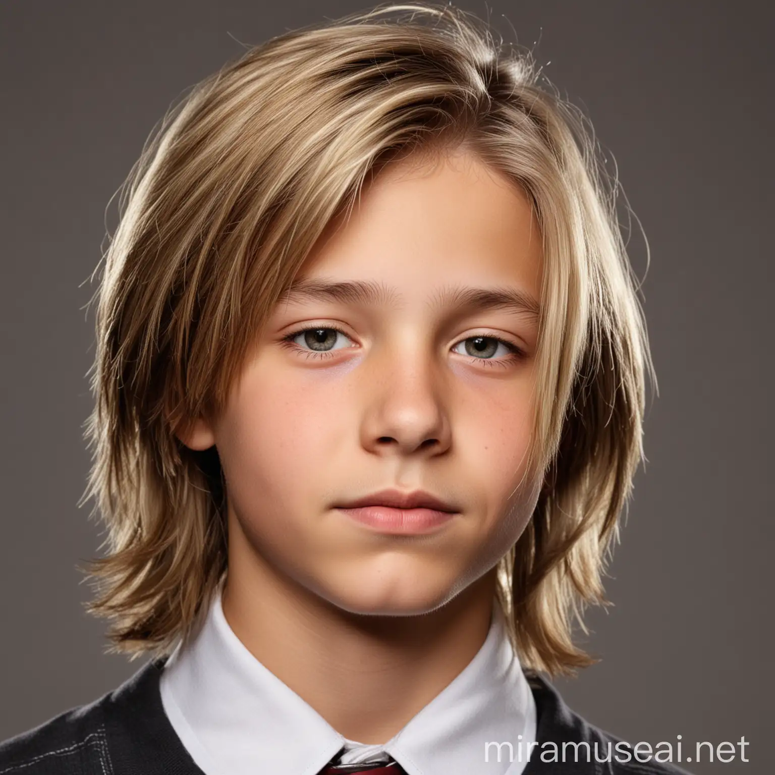Studio quality portrait photo of thirteen  year old boy,  soft, shiny hair with highlights, collar length hair parted on the side, head shot, close up, extreme detail, left side of head facing camera