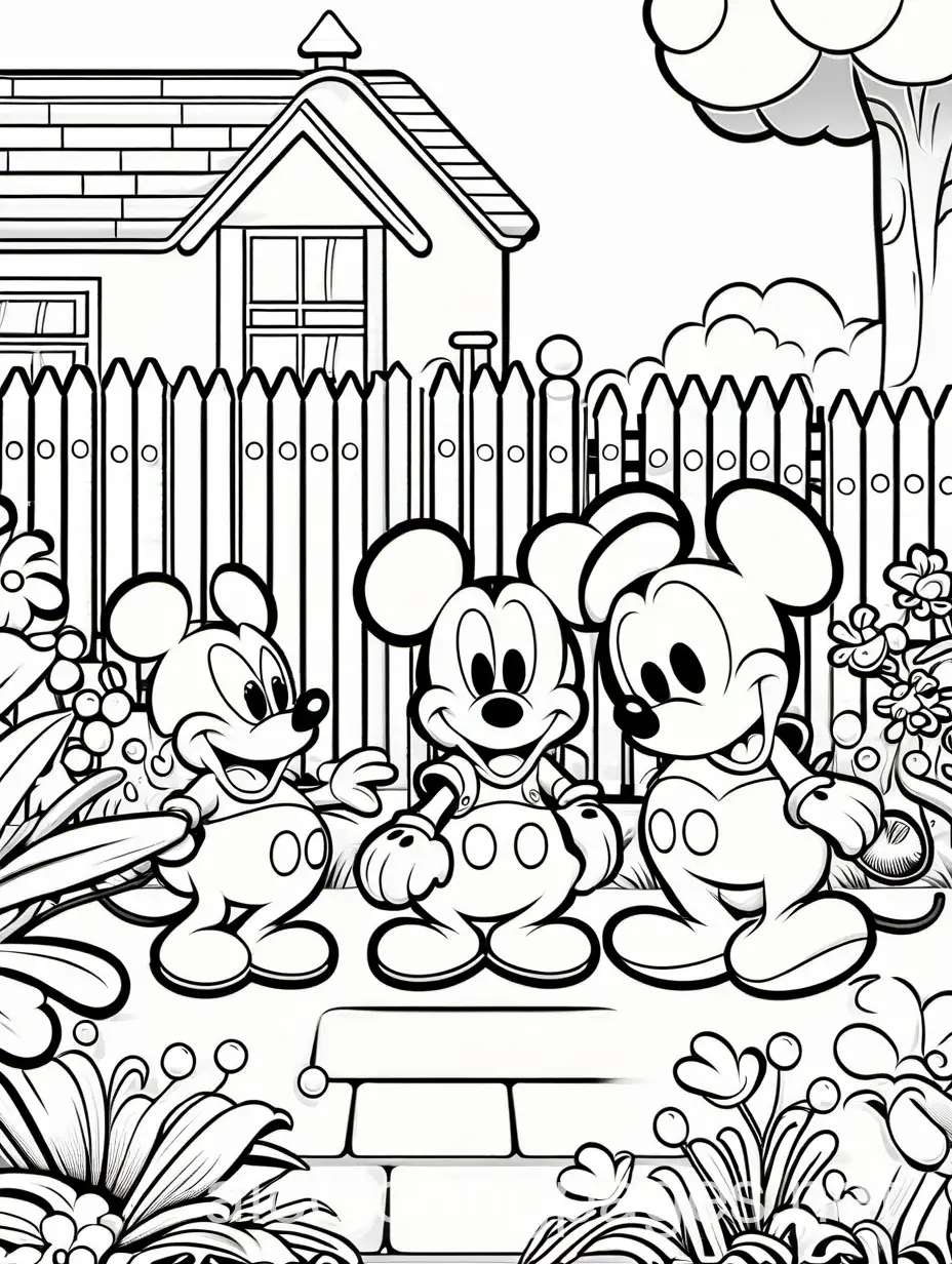 Prompt  Mikey mouse and his family happy, in a garden coloring page, no colors., Coloring Page, black and white, line art, white background, Simplicity, Ample White Space. The background of the coloring page is plain white to make it easy for young children to color within the lines. The outlines of all the subjects are easy to distinguish, making it simple for kids to color without too much difficulty, Coloring Page, black and white, line art, white background, Simplicity, Ample White Space. The background of the coloring page is plain white to make it easy for young children to color within the lines. The outlines of all the subjects are easy to distinguish, making it simple for kids to color without too much difficulty