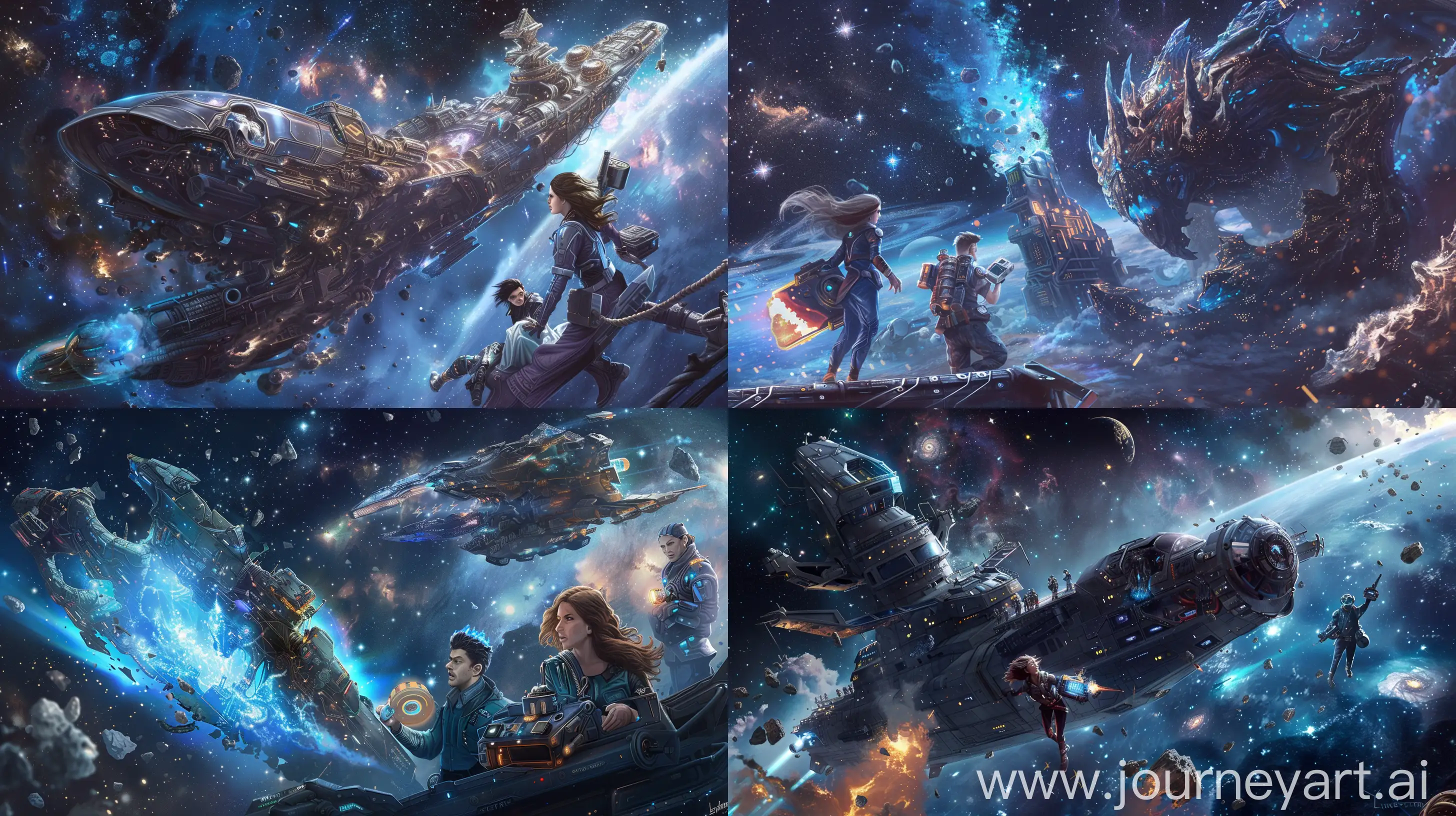 Create a detailed sci-fi scene of a futuristic salvage ship named 'Specter' in deep space, surrounded by stars and nebulae. The ship is anchored near the wreckage of a majestic alien royal vessel with a faint blue luster. Show a determined female captain, Eris, with a portable shield generator, leading her crew. Include a cocky pilot, Felix, at the controls, and an intelligent engineer, Juno, with a medical kit. Depict an unconscious alien princess, Lyra, with metallic sheen hair and a glowing crown, being treated by Juno. The backdrop should show a mix of peaceful galaxy scenes and chaotic space battles, illustrating the crew's journey from salvagers to heroes. Include elements of epic battles and rebellion, with Lyra standing as a symbol of hope and unity --ar 16:9