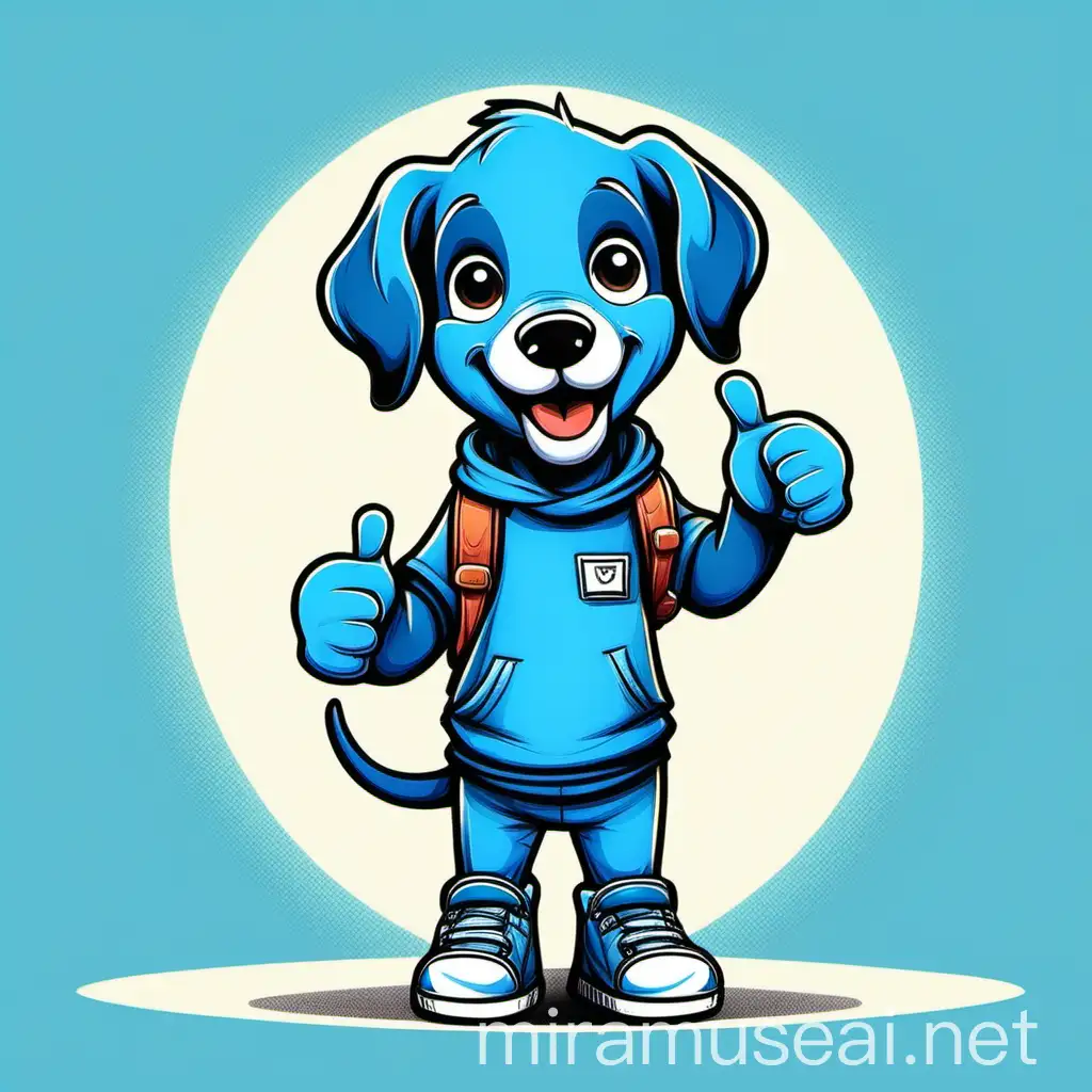 In cartoon style, an image of a little blue retriever,  wearing dark blue T-shirt, sky blue pants and blue shoes. He is showing the thumb-up finger