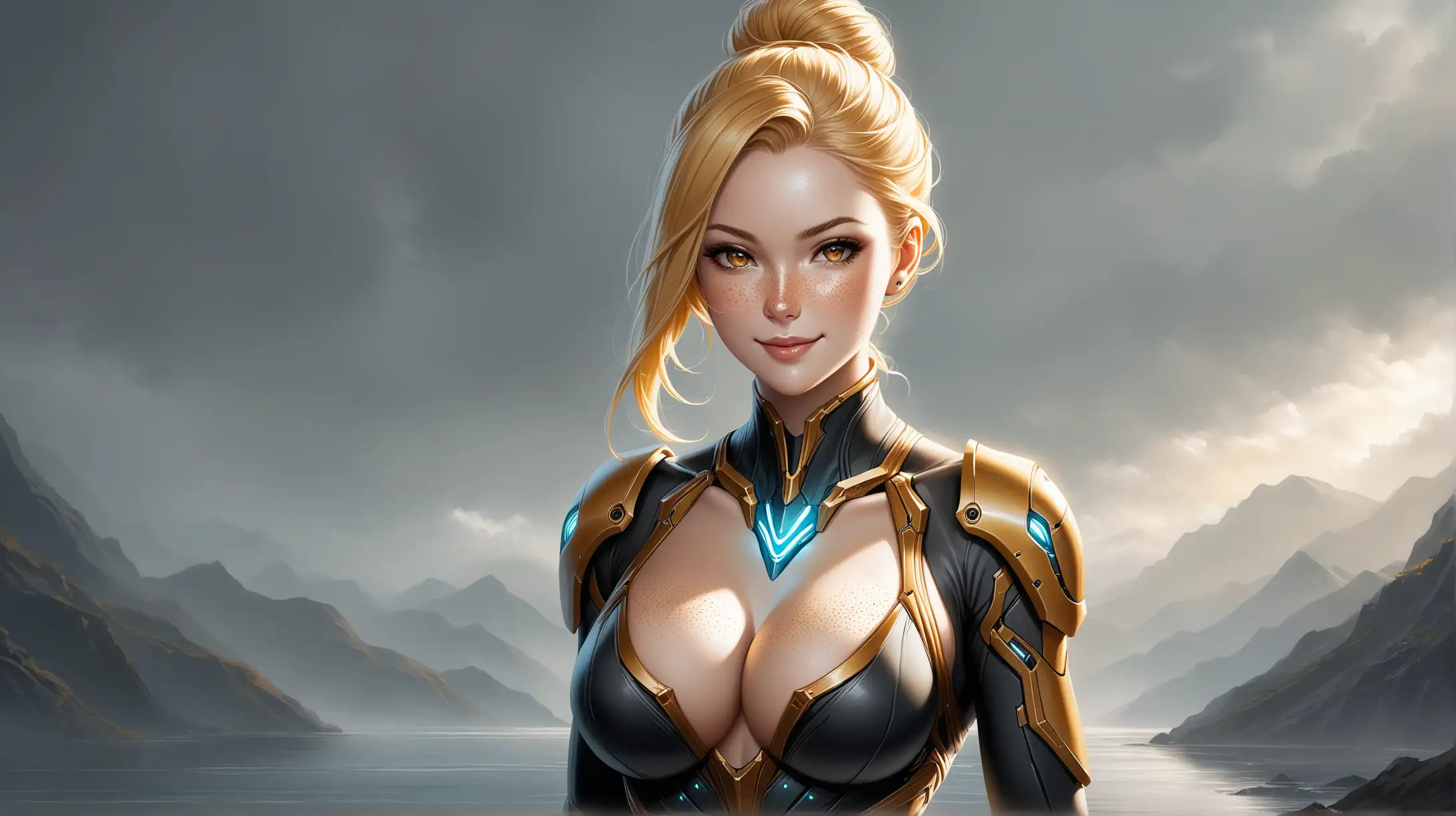 Draw a woman, long blonde hair in a bun, gold eyes, freckles, perky body, outfit inspired from Warframe, high quality, realistic, long shot, natural lighting, overcast, outdoors, seductive pose, cleavage, smiling toward the viewer
