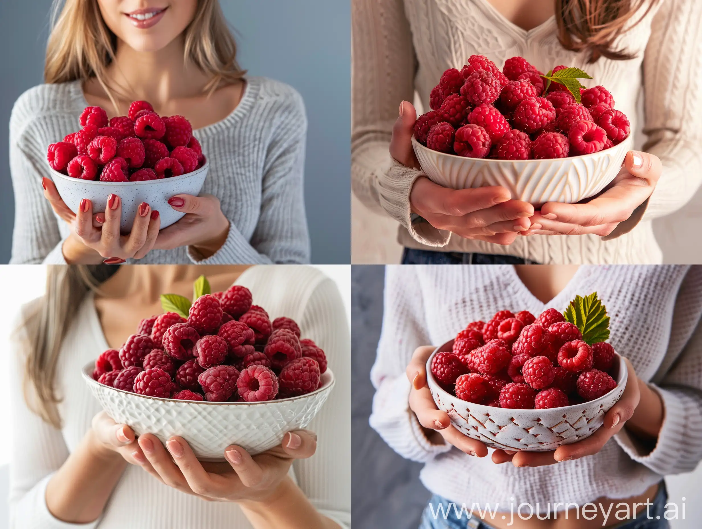 Attractive advertising photo of a woman holding a bowl full of raspberries
