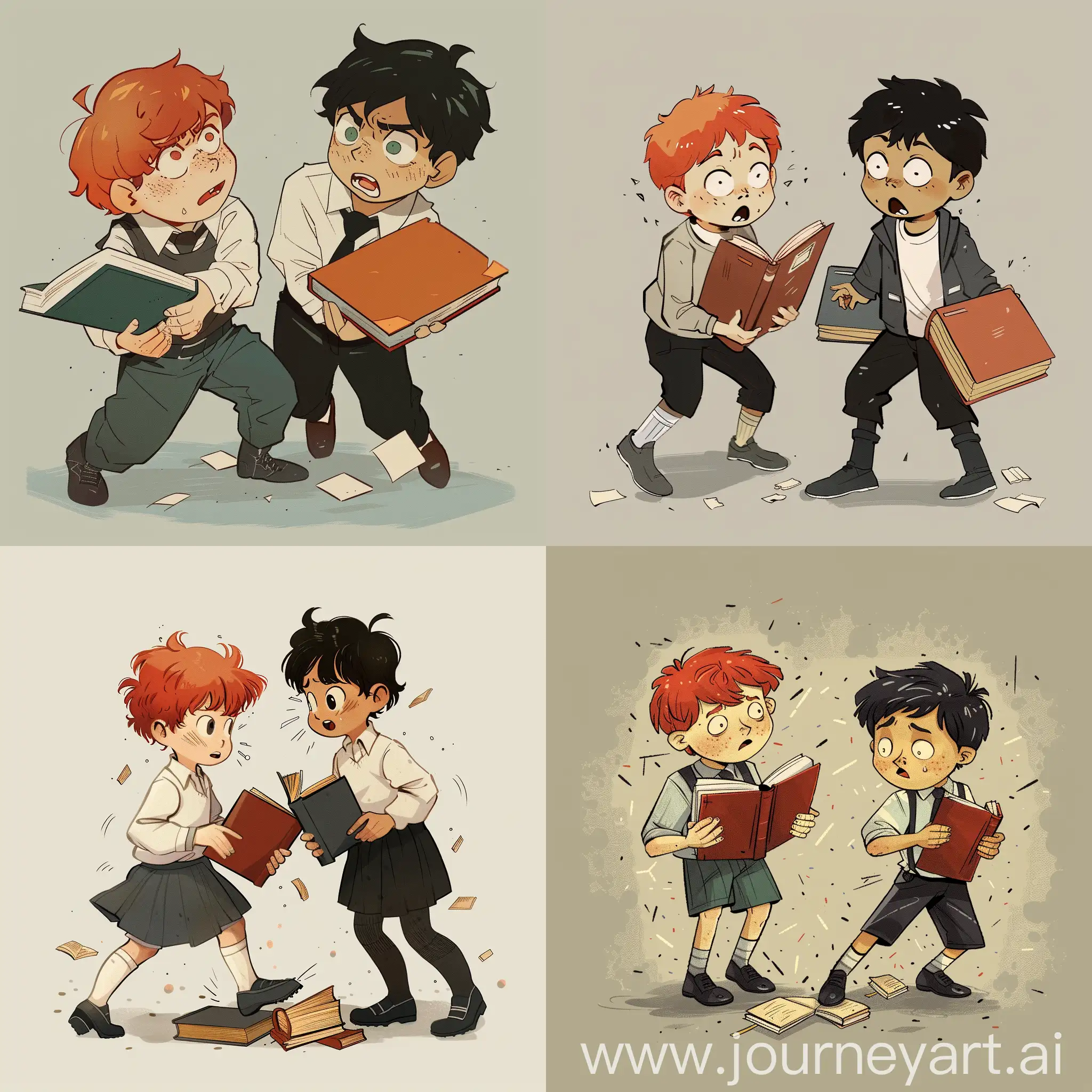 Two BL boys, one with red hair and the other with black hair, are holding books in their hands and they bumped into each other, dropping their books on the floor and looking at me with surprise and concern.