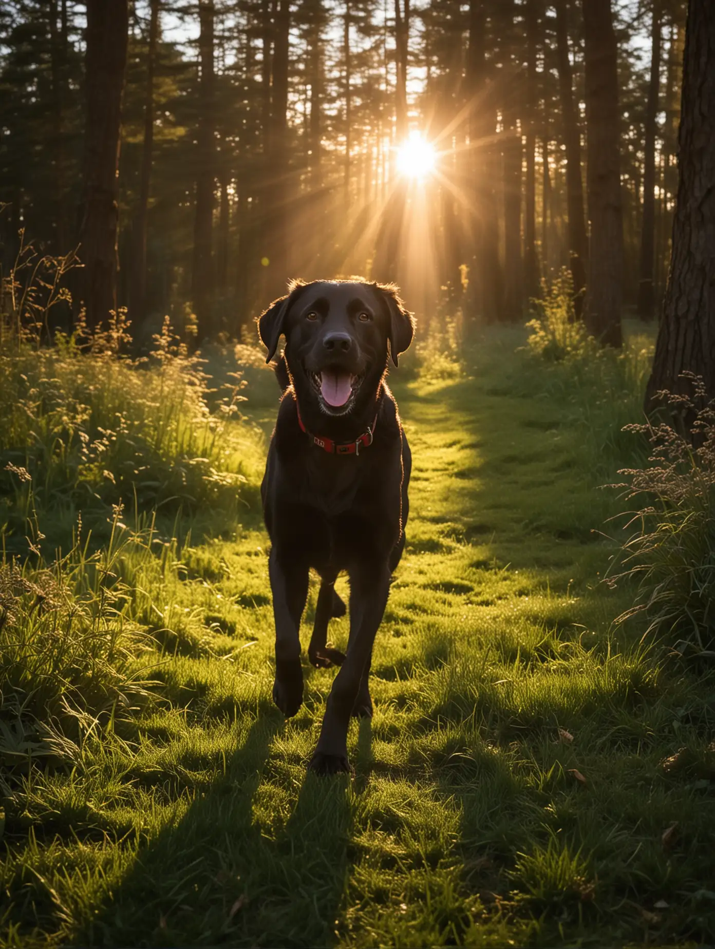 Black-Labrador-Dog-Running-on-Green-Lawn-with-Sunlight-Filtering-Through-Forest