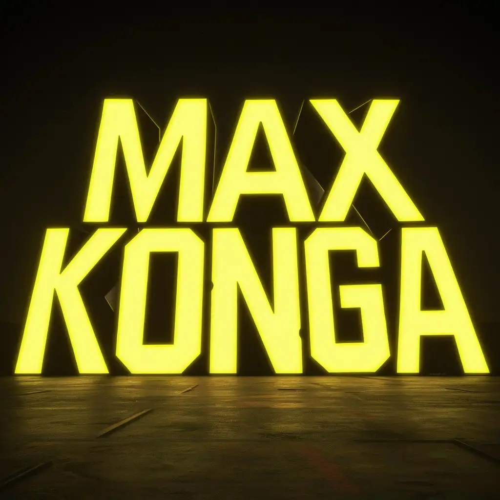 the words "MAX KONGA"  in a background in a BOLD mad max font style and colorful with bright neon yellow colors. Low angle