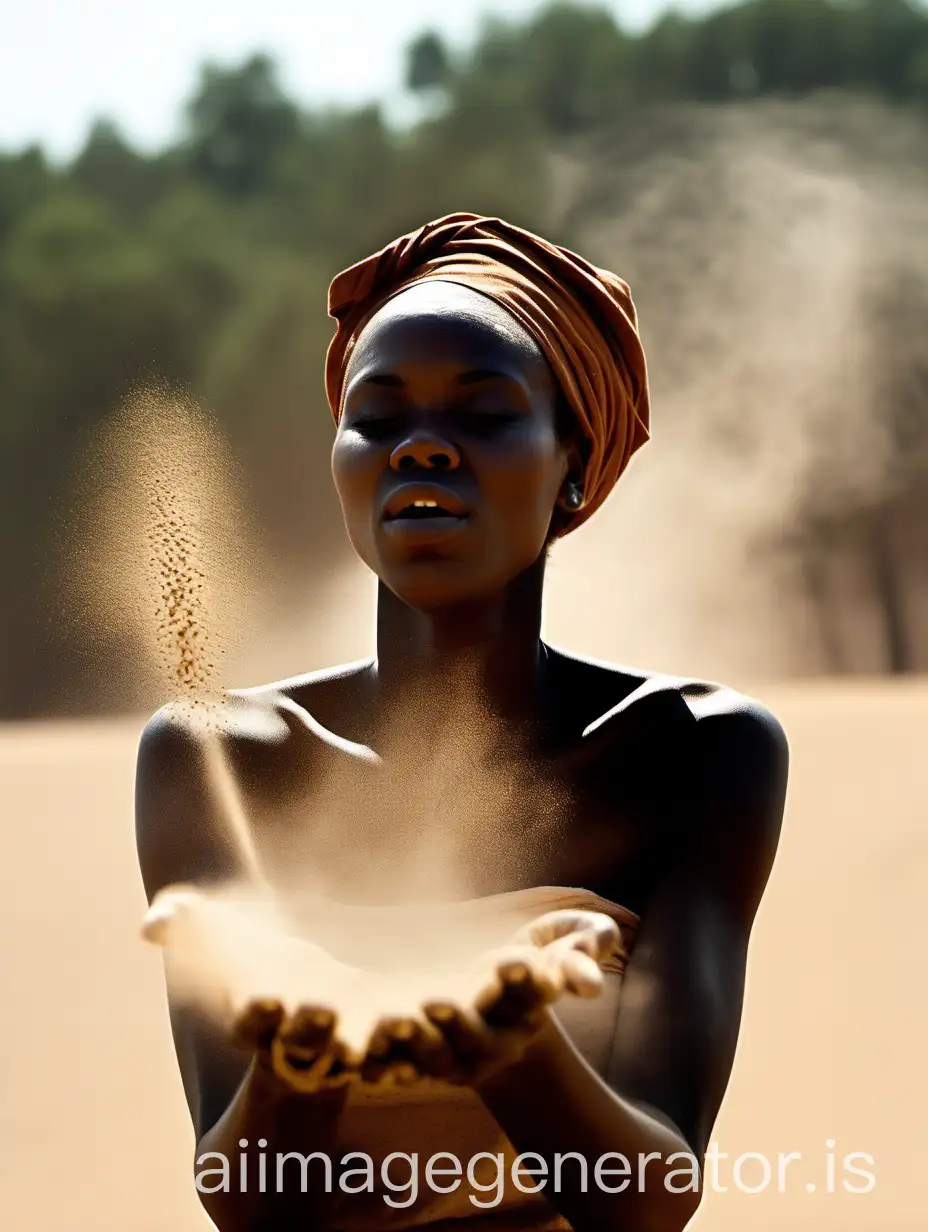 Plan serré sur une femme africaine, soufflant du sable dans ses mains vers le ciel, comme pour ensemencer le sol, provoquant un nuage de poussière, une foret dense en fond 