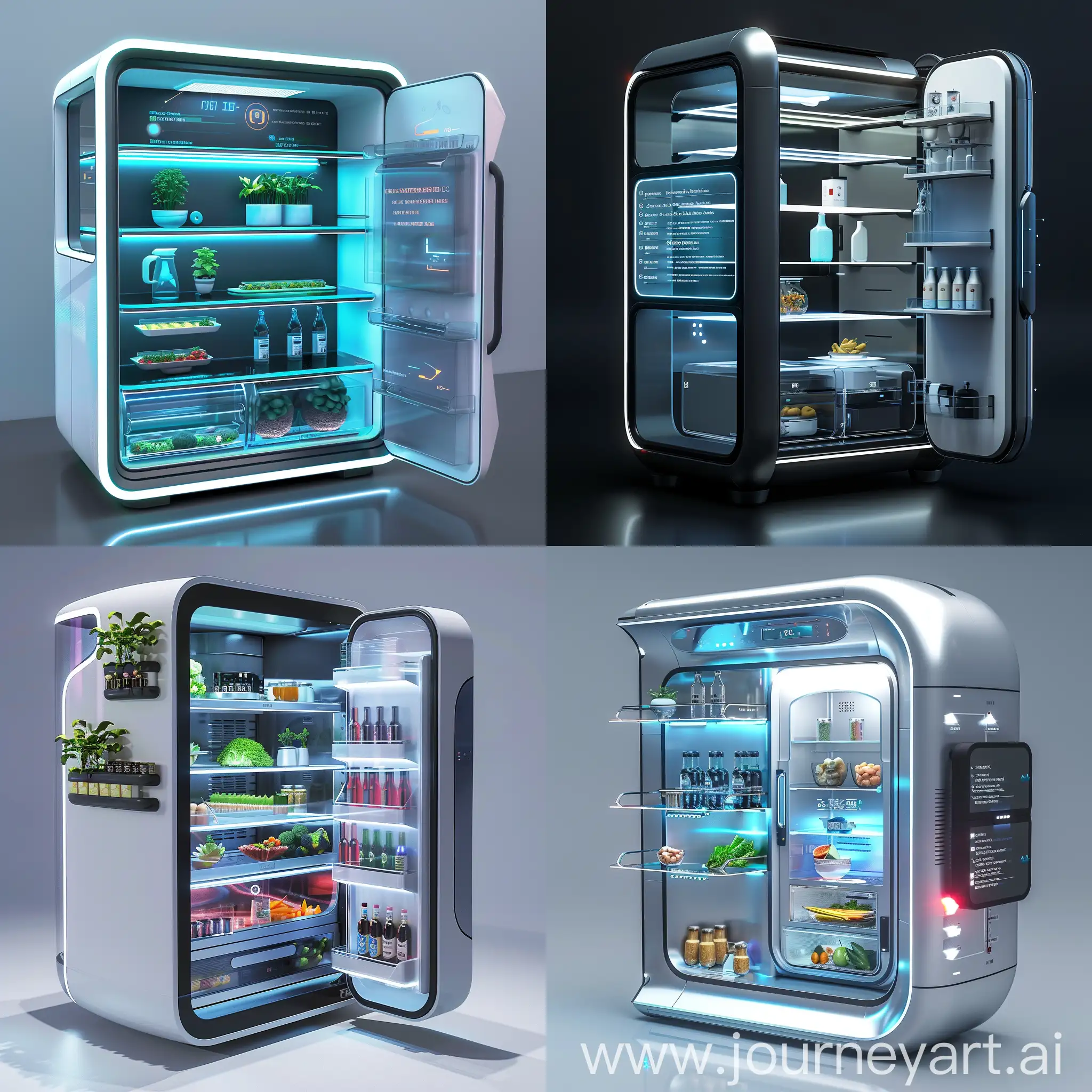 Futuristic fridge, in futuristic style, Smart Shelves with Weight Sensors, Adjustable Temperature Zones, Transparent OLED Displays, Self-Cleaning Surfaces, Automated Inventory Management, Voice and Gesture Control, Energy-Efficient Cooling Technology, Nutritional and Health Monitoring, Automated Restocking, Built-in Water and Air Purification Systems, Interactive Touchscreen Door, Smart Glass Technology, Integrated AI Personal Assistant, Proximity Sensors and Automatic Door Opening, Wi-Fi and Bluetooth Connectivity, Customizable Exterior Panels, Built-in Cameras, Energy-Efficient LED Lighting, UV-C Sterilization Technology, Wireless Charging Stations, Carbon Fiber Shelving, Polycarbonate Liners, Aluminum Alloy Cooling Coils, Plastic Interior Components, Foam Composite Insulation, Titanium Hinges and Hardware, Magnesium Alloy Door Frames, Polymer Door Seals, Composite Compressor Housing, Hollow-Core Shelving, Aluminum Alloy Exterior Panels, Polycarbonate Door Handles, Thin Profile LED Display, Slimline Glass Doors, Integrated Plastic Trim, Carbon Fiber Reinforced Plastic Kick Plate, Fiberglass Reinforced Plastic Back Panel, Retractable Handles, Hollow-Core Exterior Walls, Minimalist Design, unreal engine 5