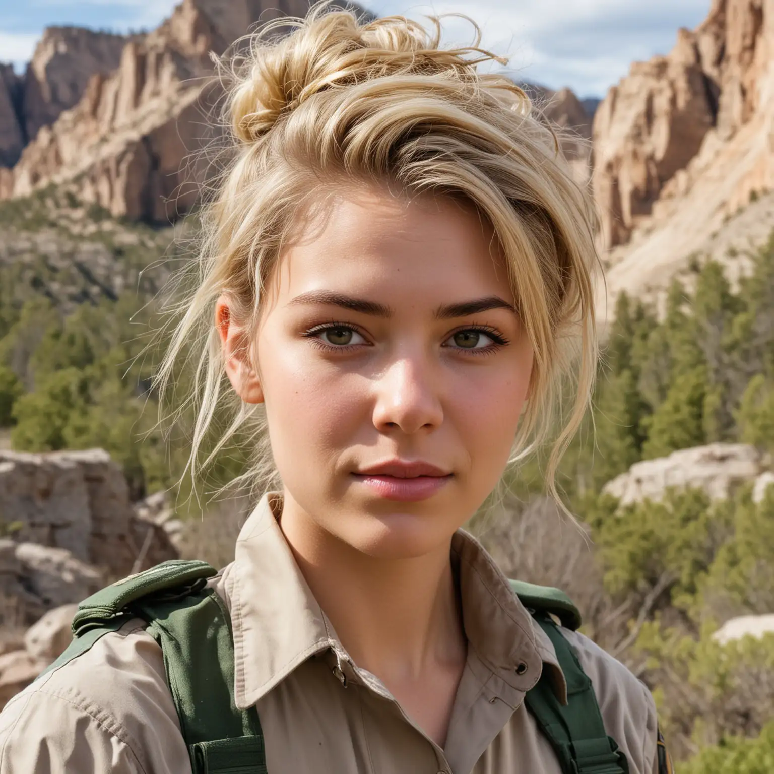 Head and shoulders image. An extremely attractive 23 year old park ranger, she wears her blonde hair in a messy updo. Background an American national park.