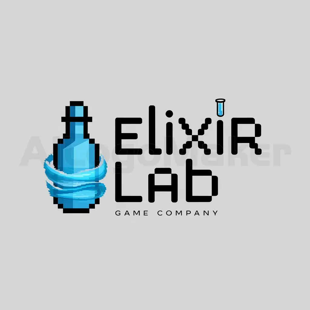 a logo design,with the text "Elixir Lab", main symbol:English characters Elixir lab, requirement is a game company's logo, with a certain pixel style, letters on the right, with a prominent unique blue color bottle on the left. The bottle should also be in pixel style and blue in color, as should the letters which need to be blue and have a pixel style font, giving the impression of being wrapped in blue water and having some thickness. Additionally, the bottle should have some pixel quality blue texture and stand out with certain characteristics. Finally, the right corner of the letter can have a small test tube.,Minimalistic,be used in Internet industry,clear background