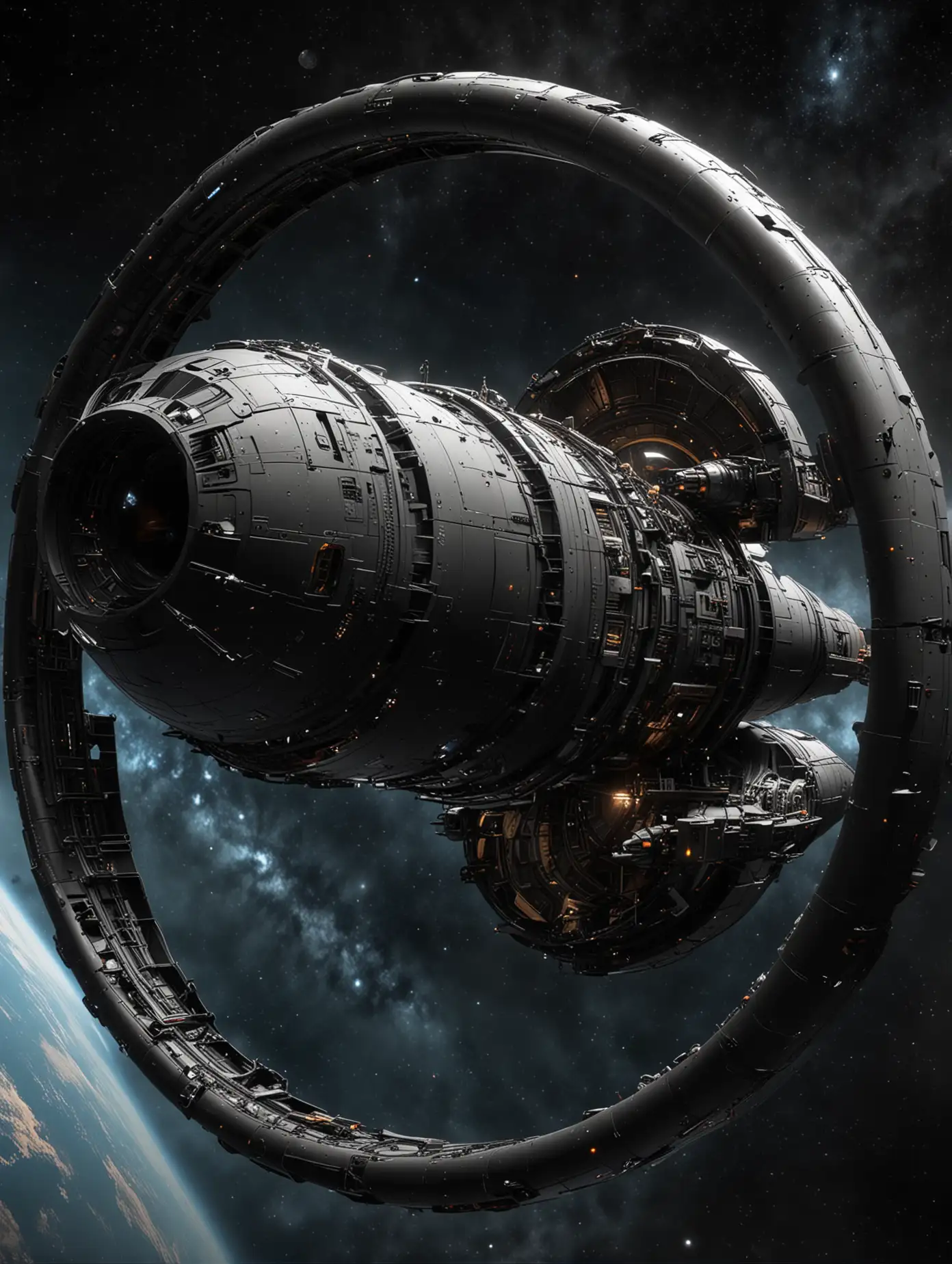 Sleek Black Spaceship with Rotating Ring in Dark Space