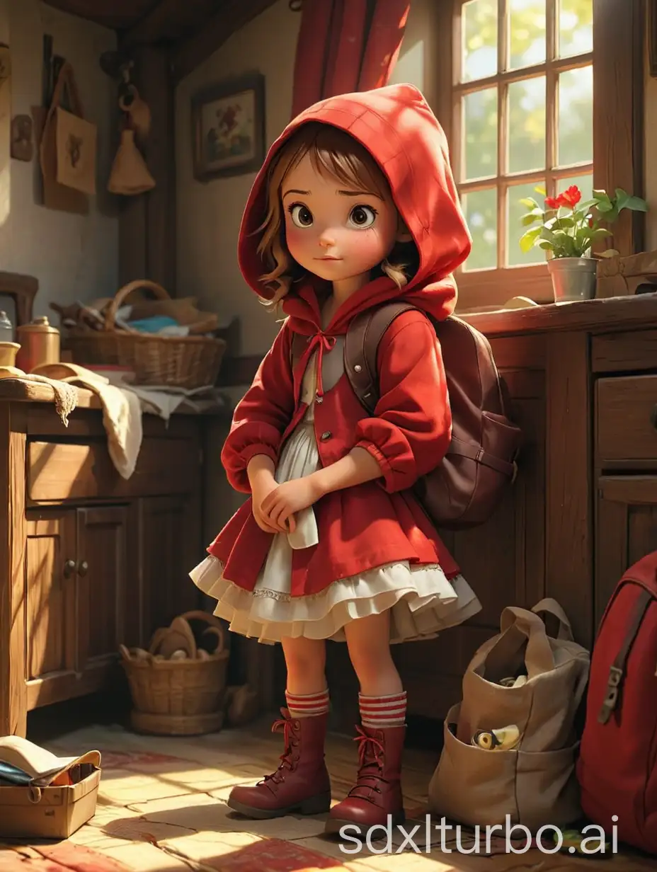 Cozy-Cottage-Scene-Little-Red-Riding-Hood-Packing-for-Journey