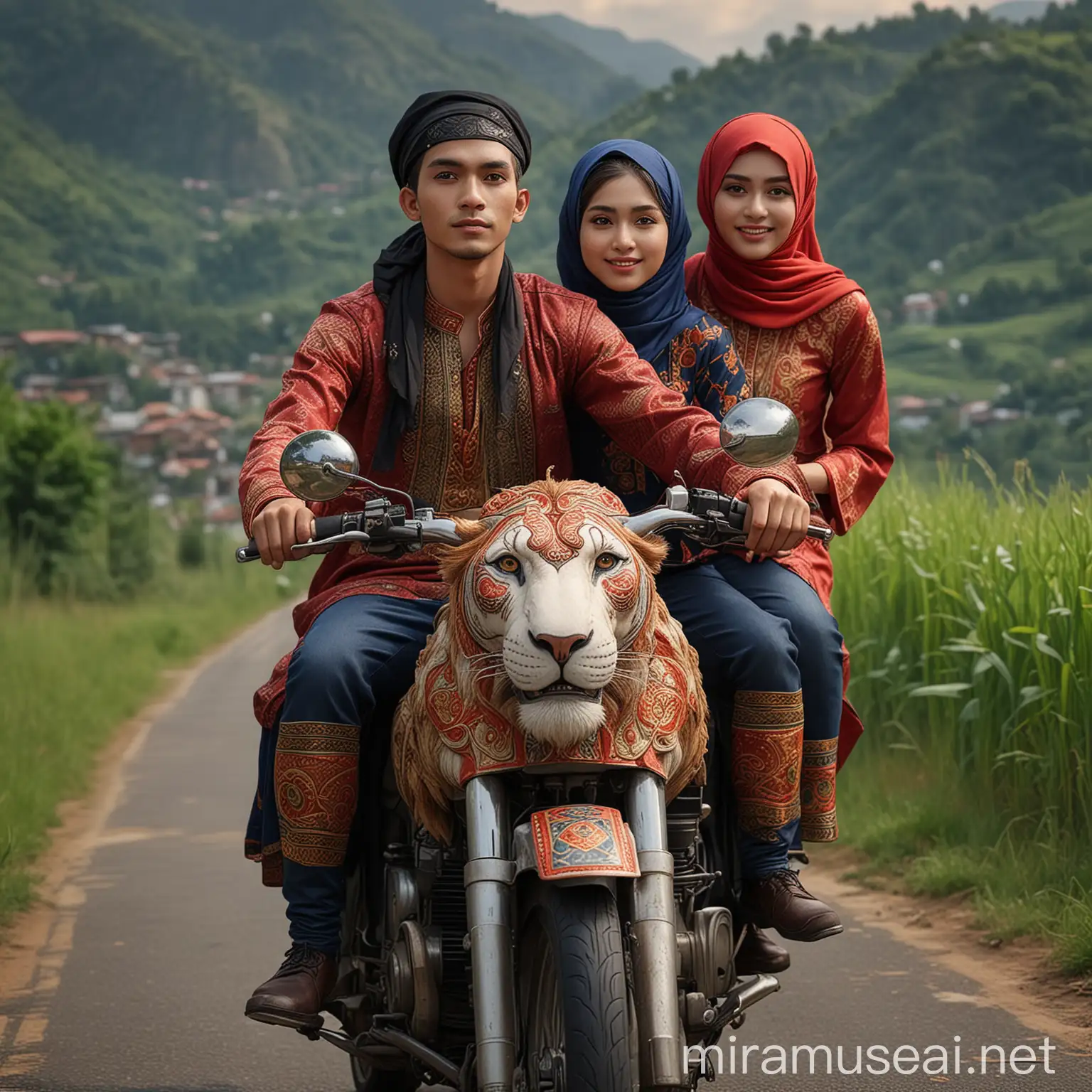 hyper realistic A 25-year-old young man wearing a black cap, riding two beautiful women wearing red and dark blue hijabs and elegant long-sleeved full-color kebaya tops, they rode a large and unique motorbike with decorative designs resembling lions, kings of the jungle or mythical creatures with beautiful full-color colors. This motorbike has two horns on the front and intricate patterns on the body. The three of them smiled as they drove along the road that crossed the green fields of the city's outskirts and the mountains in the distance in partly cloudy weather with a hint of sunset light from the west. High quality photo-realistic HD. Lens diameter: 84 mm Image format: RAW, Lighting: Soft lighting and Studio light, White balance: Auto (WB auto), Focus: Super focus, Exposure: Auto (ISO auto), Aperture: Original Photo (for maximum detail), Zoom out (for good zoom optics) Depth of Field: Masterpiece (to create depth of field and focus details).