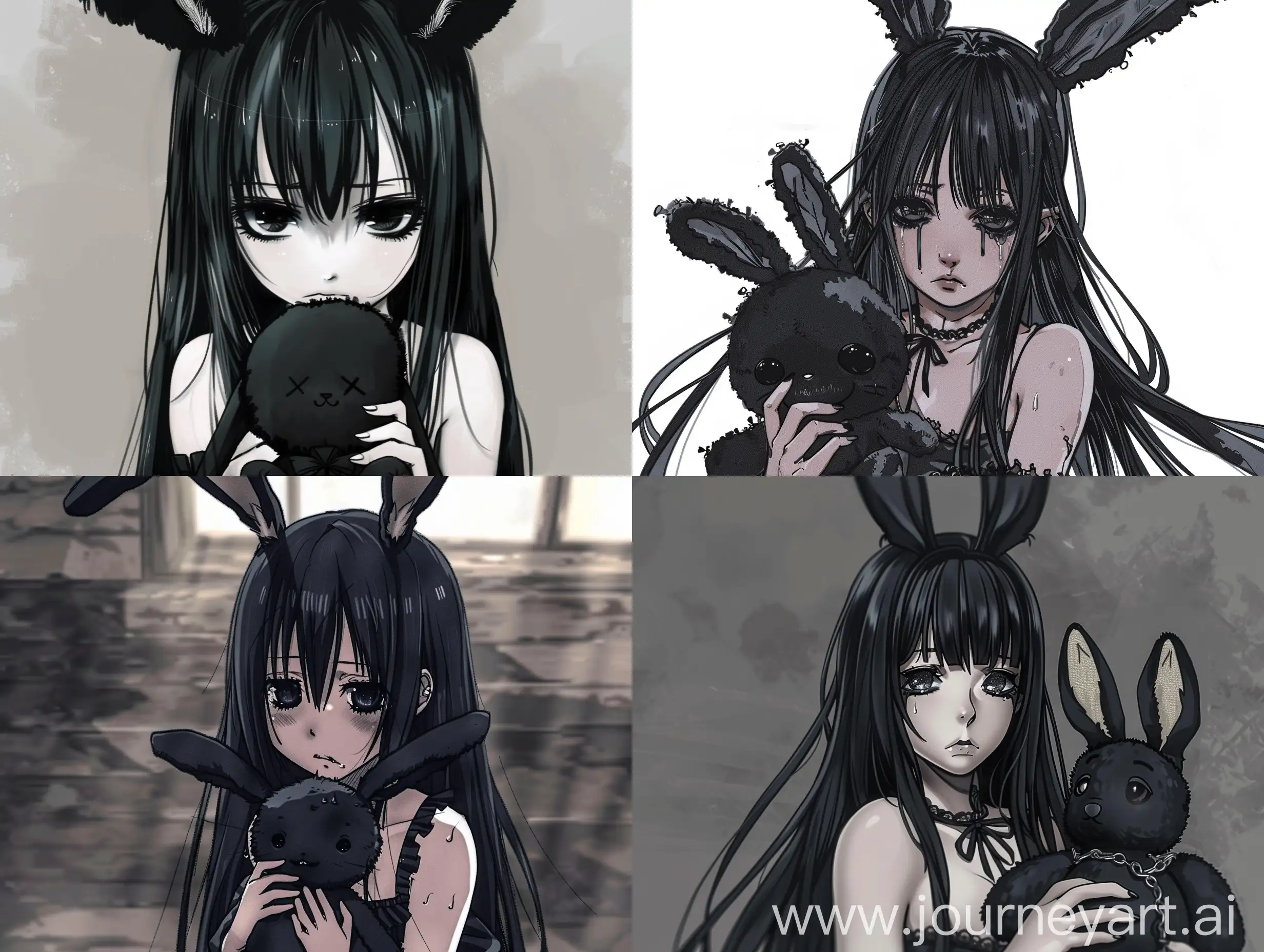 грустная девушка гот с заячьими ушами, с черными длинными волосами, держащая в руках плюшевую черную игрушку в виде зайчика