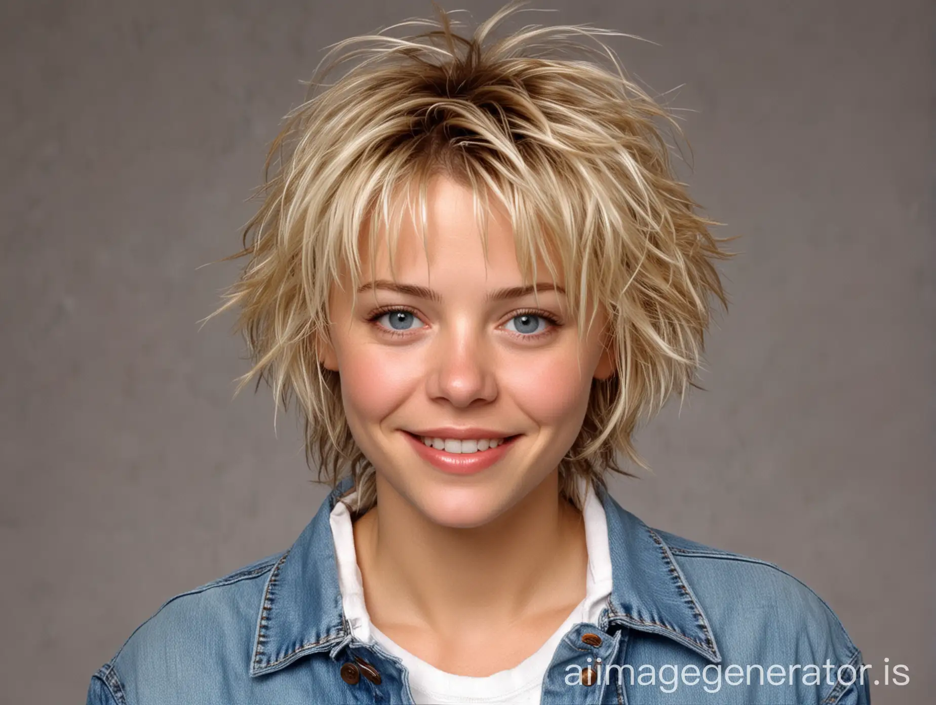 Attractive woman, 20 years old. Very short blonde tousled scruffy hair,  cheeky grinning face, crystal blue eyes, wearing Jeans, white T-shirt jumper and blue jacket. Looks a bit like Meg Ryan.
