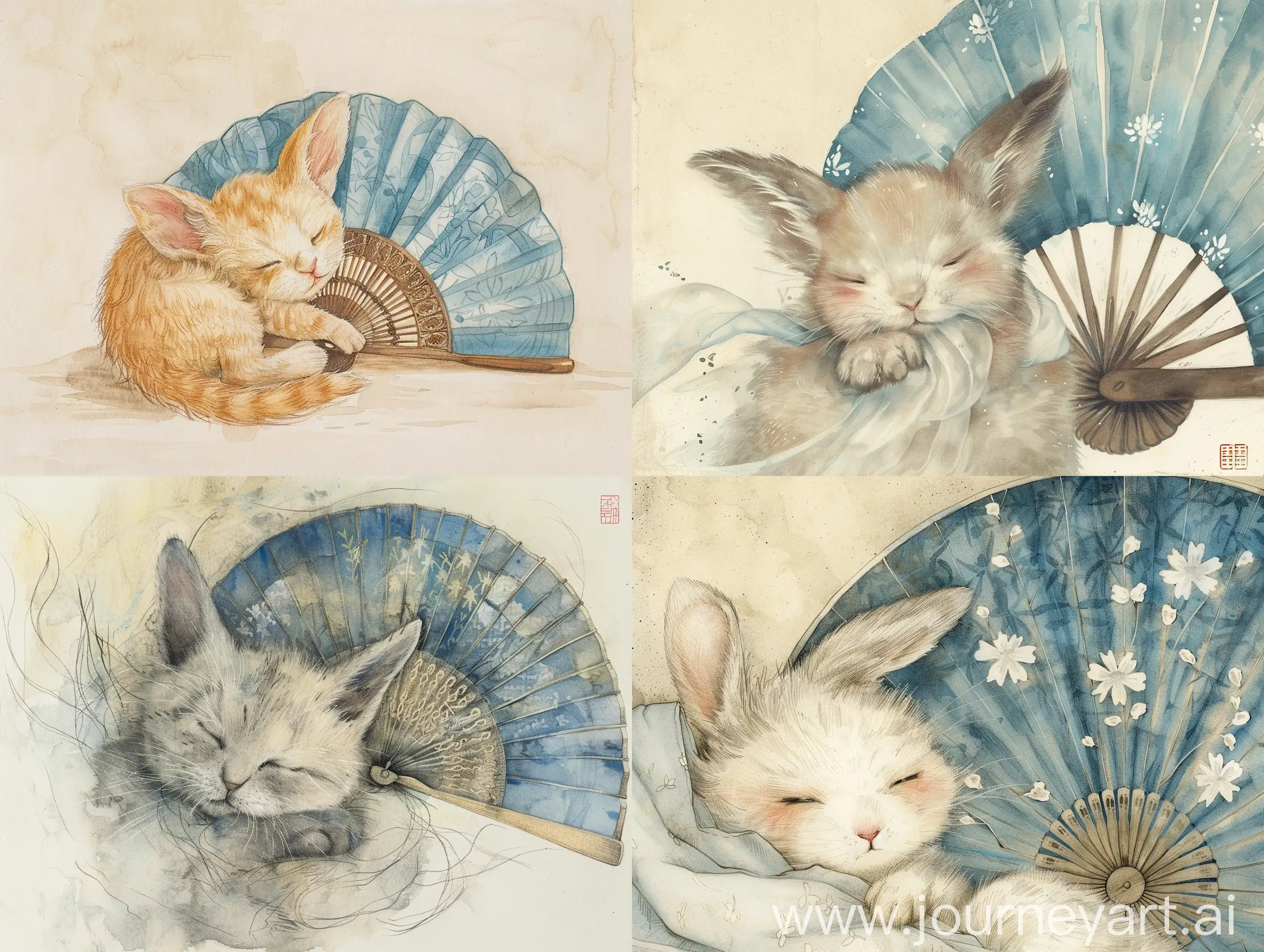 Serene-Kitten-Baby-with-Vintage-Blue-Fan-in-Japanese-Style-Room