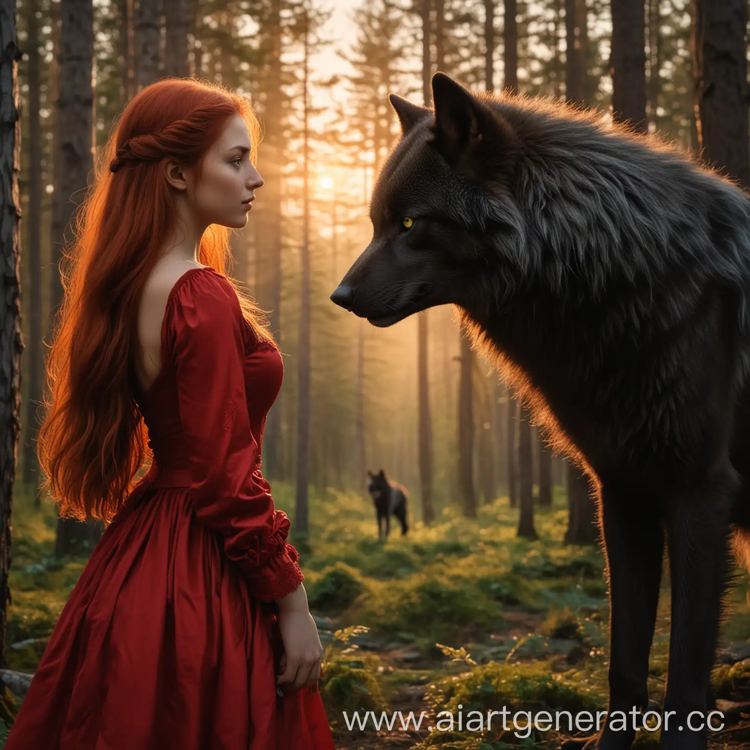 RedDressed-Girl-Confronts-Black-Wolf-in-Sunset-Forest-Scene