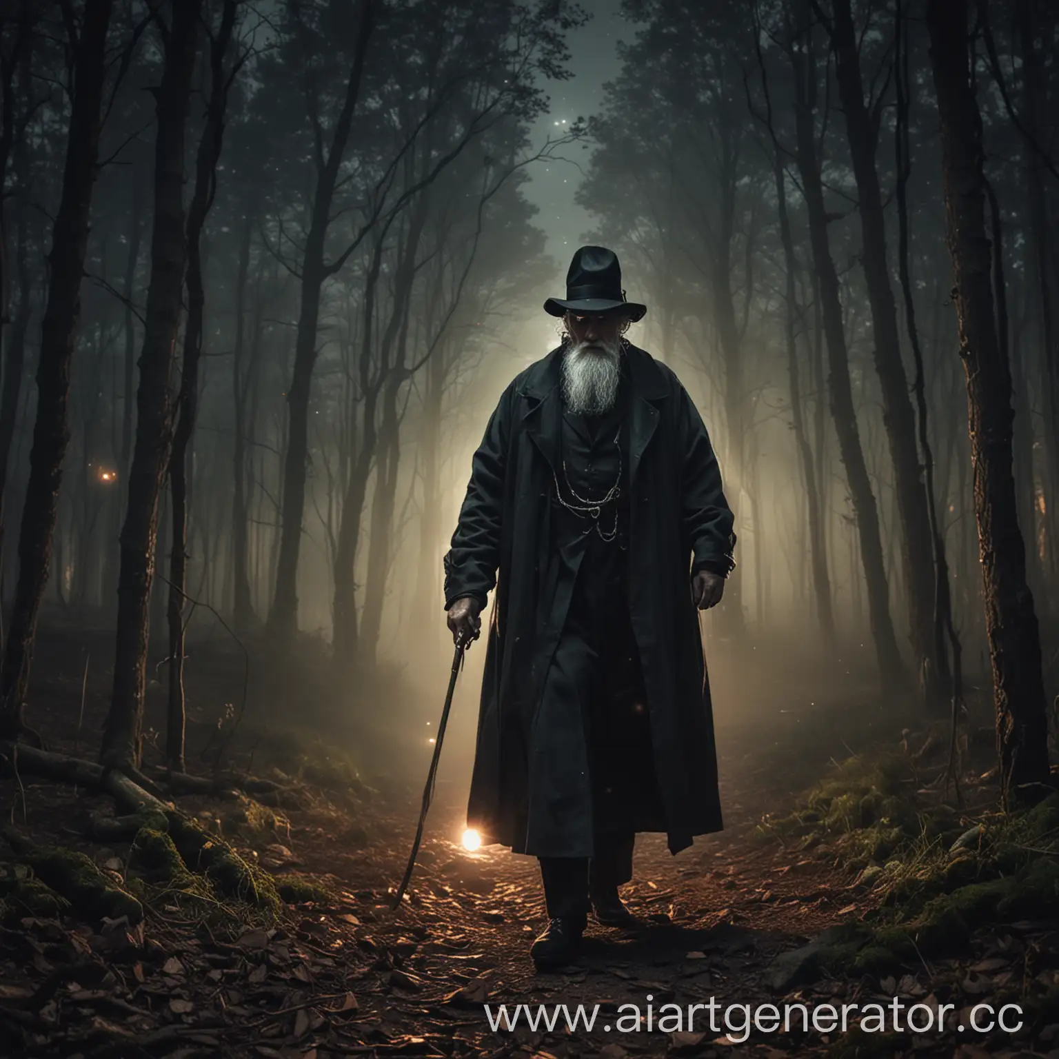 Elderly-Magician-Wanders-Through-Enchanted-Forest-at-Night