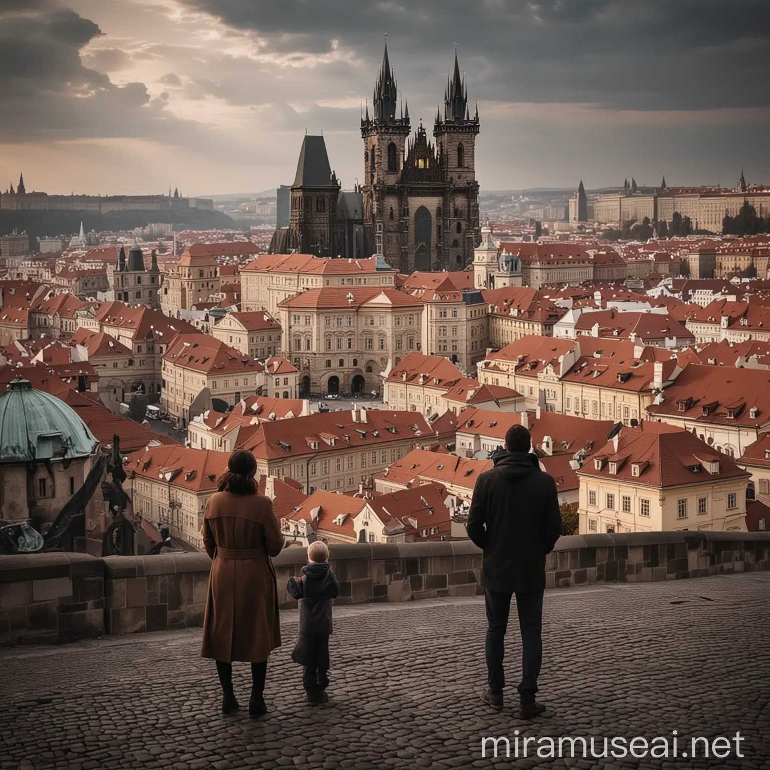 two people looking at cinematic and aesthic part of prague