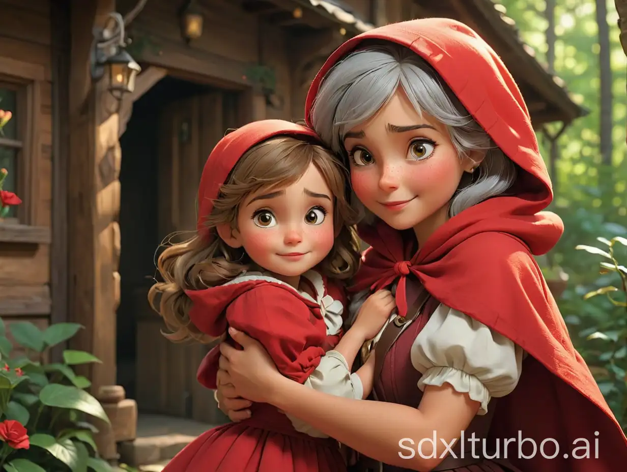The real grandmother was safely rescued, and she hugged Little Red Riding Hood tightly. The cottage was decorated warmly and brightly, celebrating their reunion.
