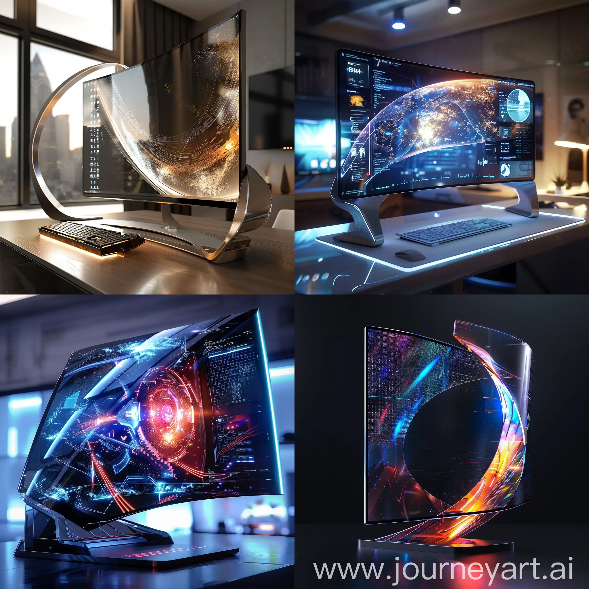 Futuristic PC monitor, Transparent OLED Displays, Flexible Screens, Holographic Projection, Quantum Dot Technology, Self-Healing Materials, Integrated AI, Eye-Tracking Technology, Gesture Control Sensors, Environmental Sensors, Wireless Power Transmission, Modular Design, Integrated Environmental Controls, Adaptive Ergonomics, Touchless Interfaces, Solar-Powered Edges, Dynamic Bezels, Ambient Mood Lighting, Built-in Wireless Charging Pads, Sound-Conducting Frames, Smart Glass Surface, in technological style, in progressive style, in dynamic style, in speed style, in unreal engine 5 style --stylize 1000