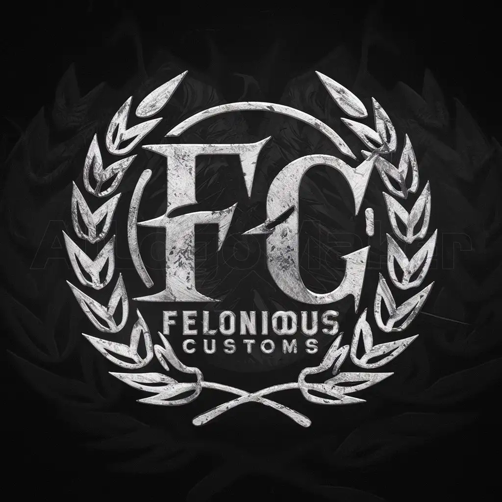 a logo design,with the text "FELONIOUS CUSTOMS", main symbol: "The letters 'F C' enclosed in a wheat laurel. Black, white. Dark, ominous, edgy, almost satanic, street wear brand, thief, elite apparel line, high quality, blasphemy, heresy, evil, crime, felon-friendly, robbery, heist, gadgets, urban.",complex,be used in Others industry,clear background
