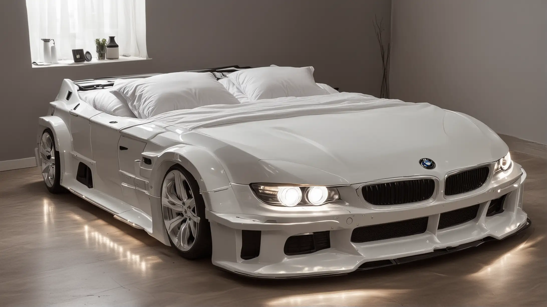 Luxurious BMW Car Double Bed with Illuminated Headlights
