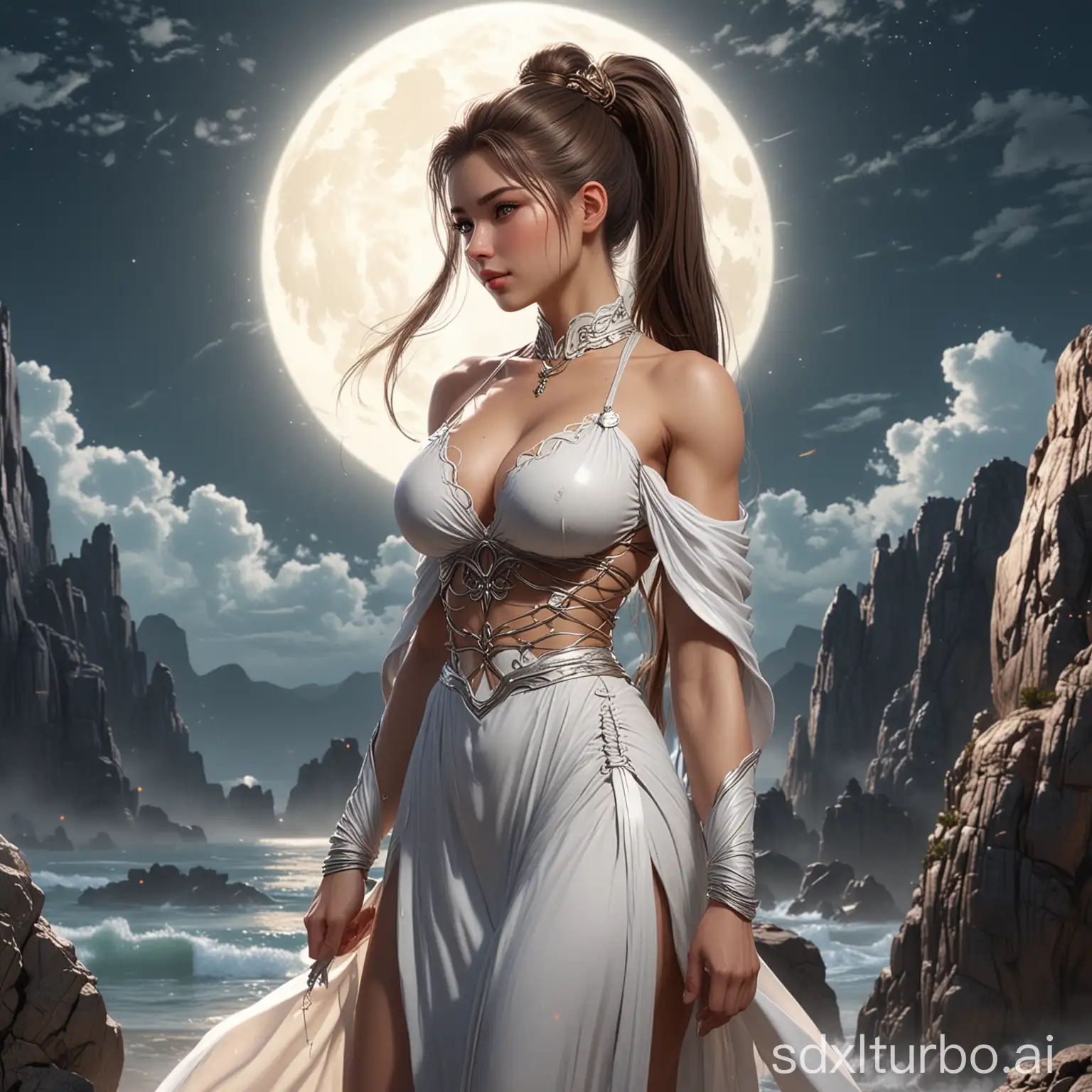 A woman in a long dress stands on a rock，The background is a full moon, Anime Fantasy Artwork, anime epic artwork, fantasy art style, anime style 4k, anime art wallpaper 8k, Anime Art Wallpaper 4k, anime art wallpaper 4k, Anime Fantasy Illustration, Beautiful celestial mage, art jem style, style art, Fantasy style art，(perfect face+supermodel+Delicate skin+high ponytail+huge breasts),[[[muscle]]],(((Anatomically correct))) ,((8k+ultra high resolution+ultra high definition+masterpiece+detailed))