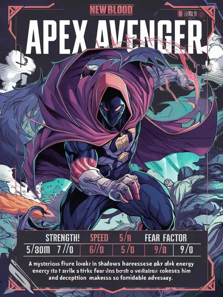  "Design a premium collectible trading card for 'New Blood's' 'Apex Avenger'. Incorporate these elements: * Card name: 'Apex Avenger' in bold * Stats: + Strength: 7/10 + Speed: 6/10 + Agility: 5/10 + Fear Factor: 9/1