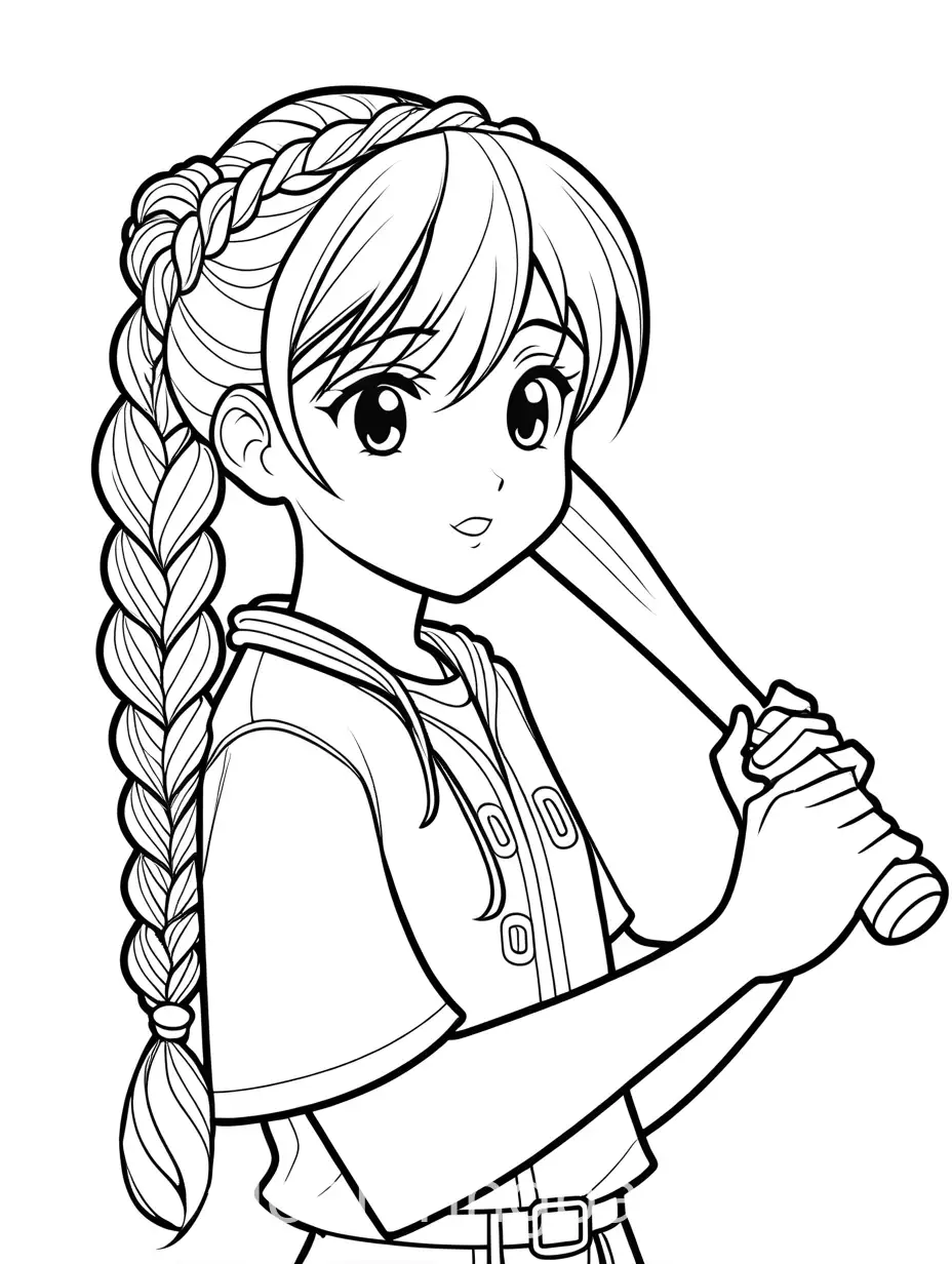 cute anime teenager girl, playing baseball, hair braided, black and white, coloring page, easy, Coloring Page, black and white, line art, white background, Simplicity, Ample White Space