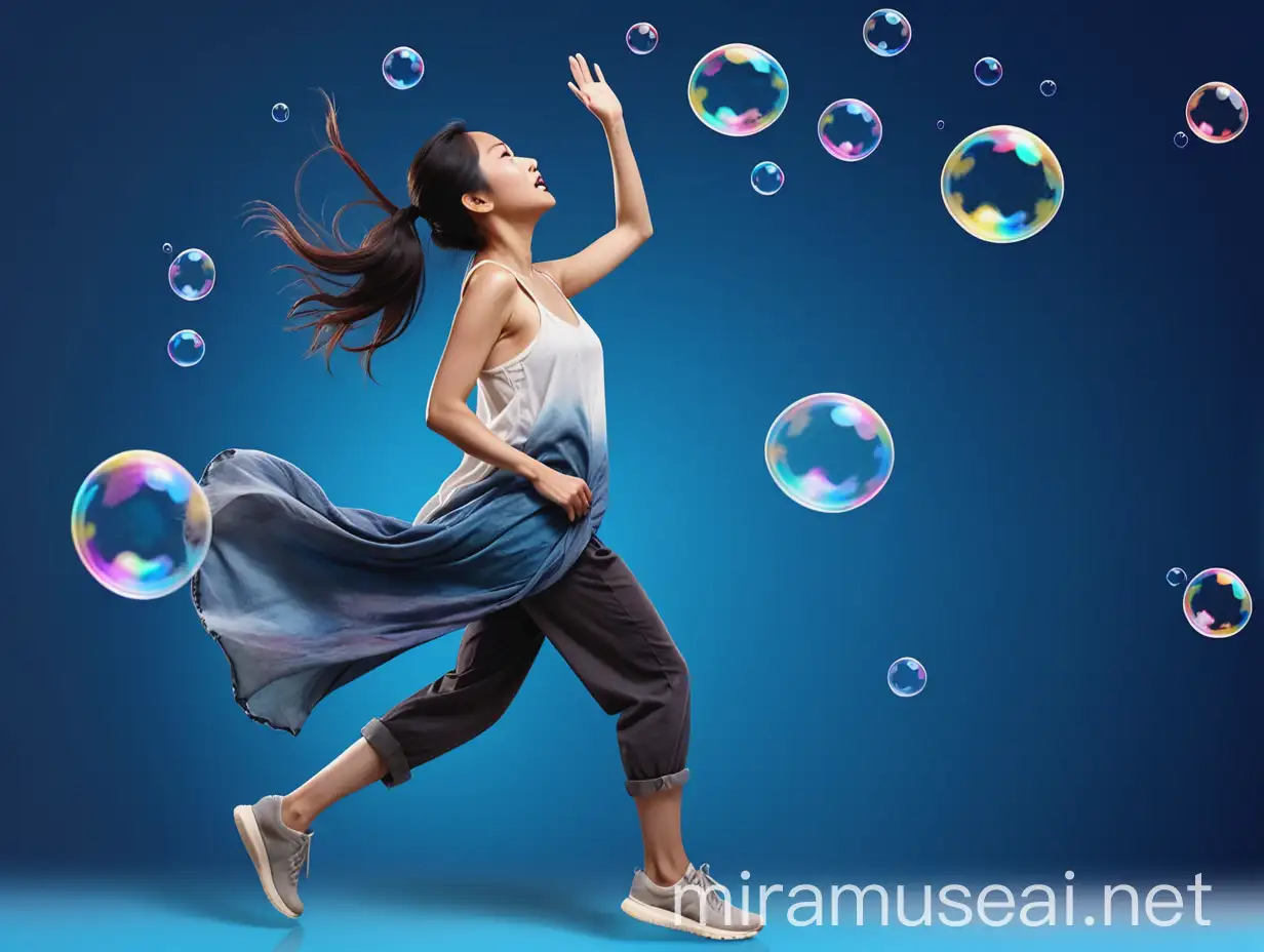 Realistic Asian Woman Running in Stained Flowy Clothes on Blue Gradient Background