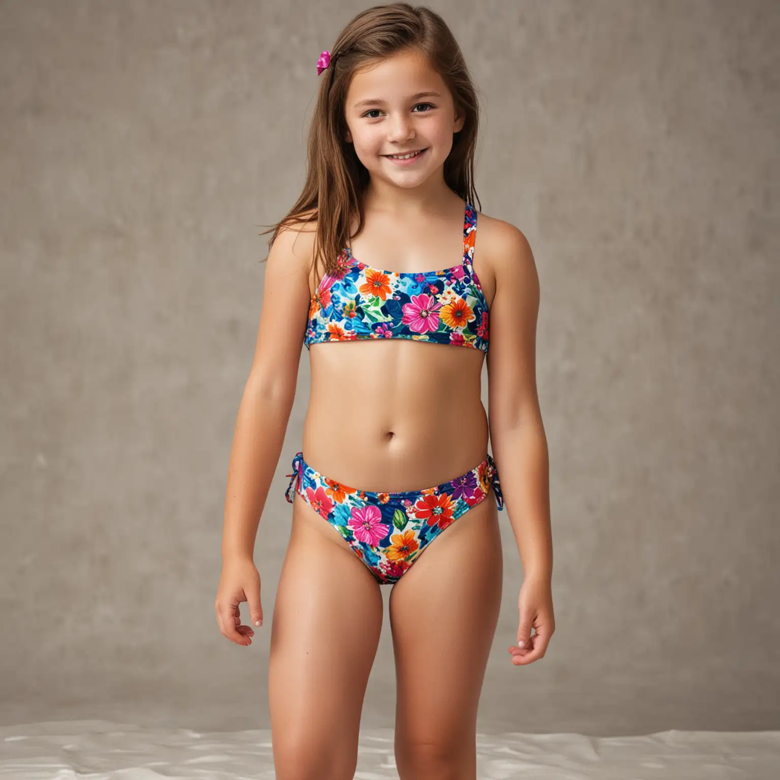 Smiling-12YearOld-Girl-in-Flower-Swimsuit-Standing-Near-Water