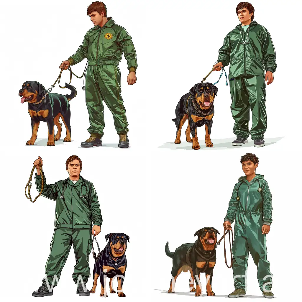 Draw a young male doctor in a green medical suit holding a Rottweiler on a leash in the style of the GTA 5 computer game, white background