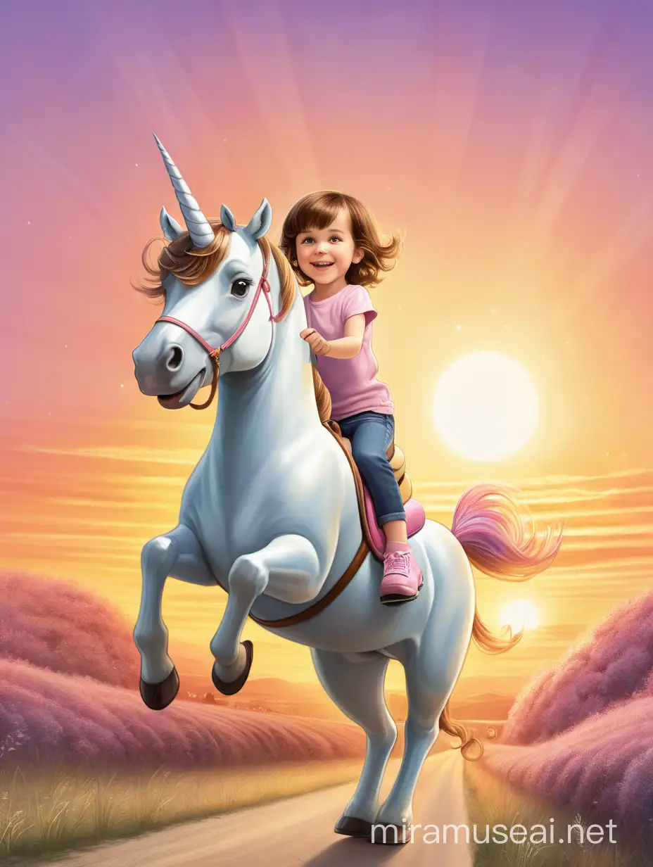 Happy five year old girl with short brown hair is riding a unicorn into the sunset