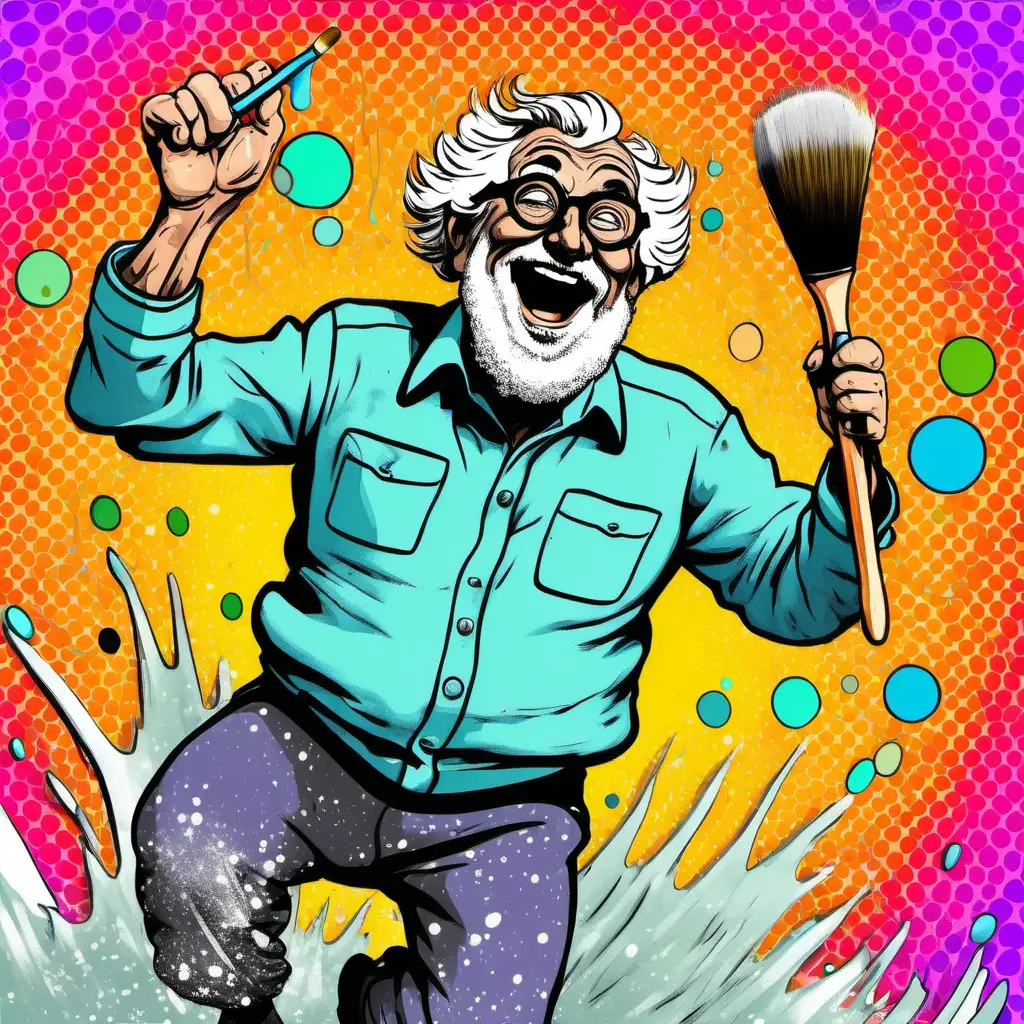 psychedelic 60s cartoon of enthusiastic old rotund male artist who has grey hair and a short circle-beard and is wearing glasses, he is holding a paint brush while jumping and splashing paint