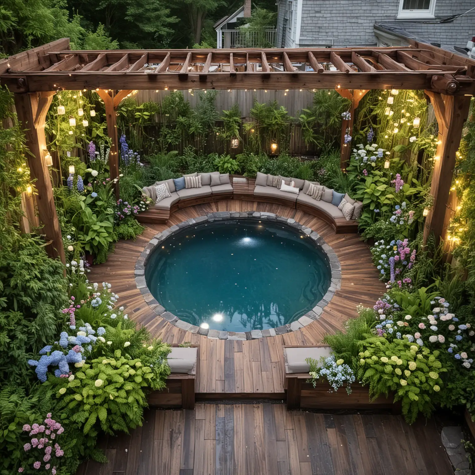 a birds eye view of A cozy urban backyard featuring a mix of flowering plants like hydrangeas, roses, and lavender surrounding a central wooden deck made of rich, dark mahogany. A small, circular plunge pool with a stone border and built-in underwater LED lights offers a relaxing dip. Adjacent to the pool, place a custom-built outdoor couch with waterproof, plush cushions under a pergola draped with wisteria and fairy lights. A vertical garden on one wall hosts a variety of herbs and ferns, creating a vibrant green backdrop.
