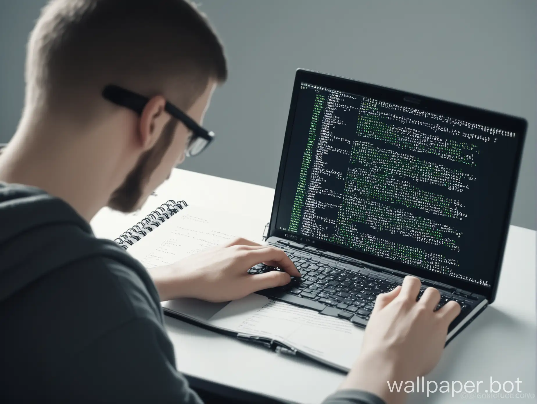 программист сидит за ноутбуком и печатает код на языке си