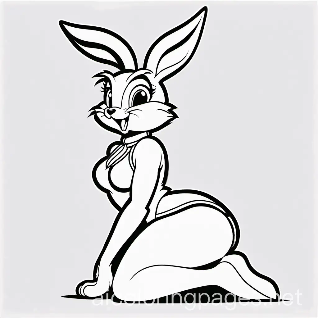 sexy lola bunny on her knees in profile, Coloring Page, black and white, line art, white background, Simplicity, Ample White Space. The background of the coloring page is plain white to make it easy for young children to color within the lines. The outlines of all the subjects are easy to distinguish, making it simple for kids to color without too much difficulty