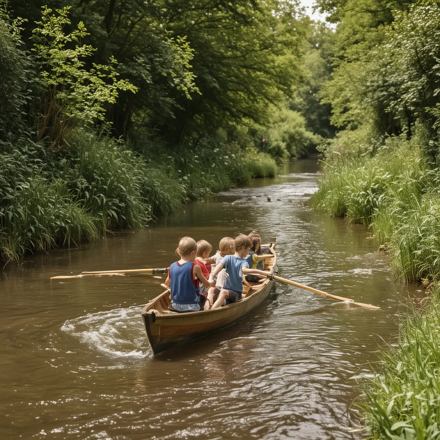 Children Rowing Boat Downstream Adventure
