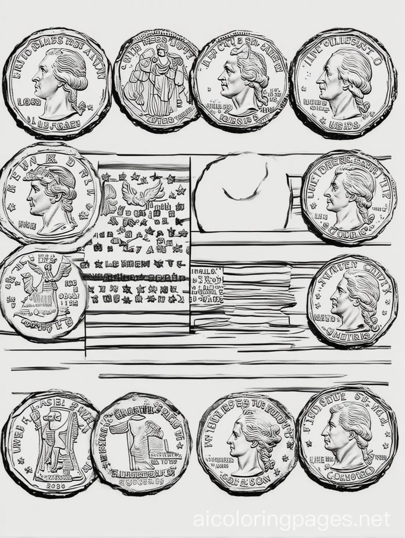 All U.S.A coins coloring image, Coloring Page, black and white, line art, white background, Simplicity, Ample White Space. The background of the coloring page is plain white to make it easy for young children to color within the lines. The outlines of all the subjects are easy to distinguish, making it simple for kids to color without too much difficulty